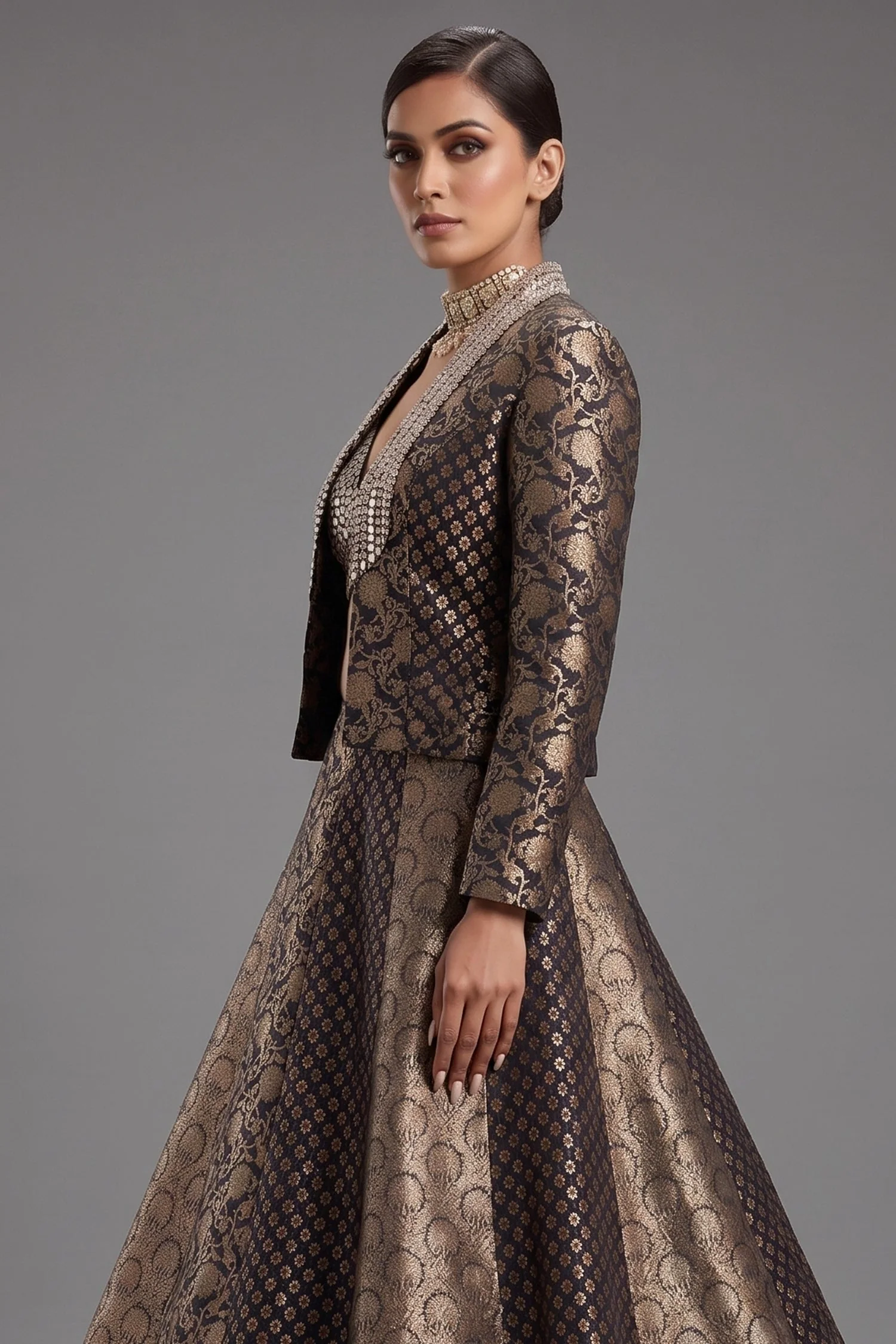 Black and Golden Banarasi Brocade Silk Crop Top Lehenga with Jacket - Image 2