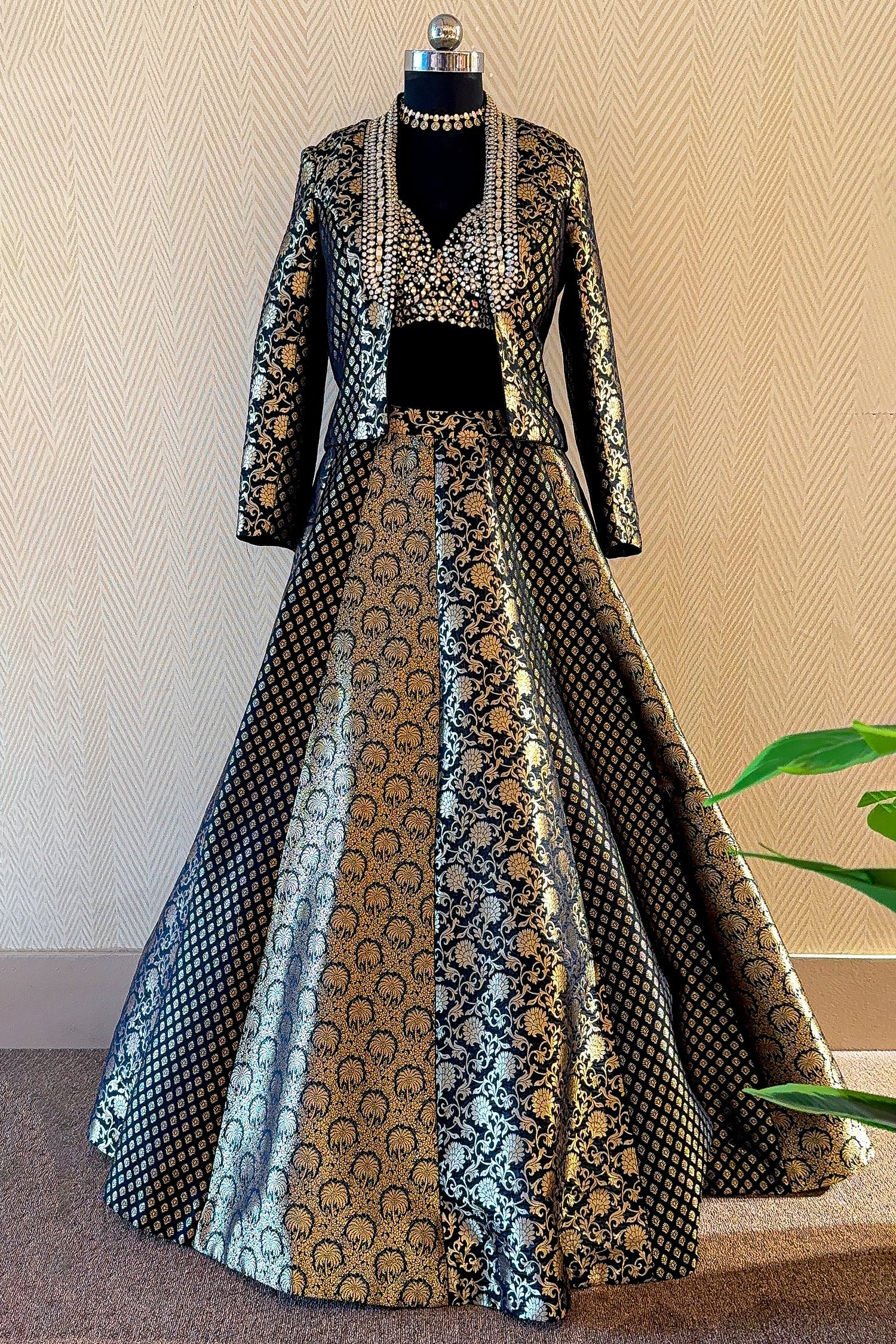 Black and Golden Banarasi Brocade Silk Crop Top Lehenga with Jacket - Image 3