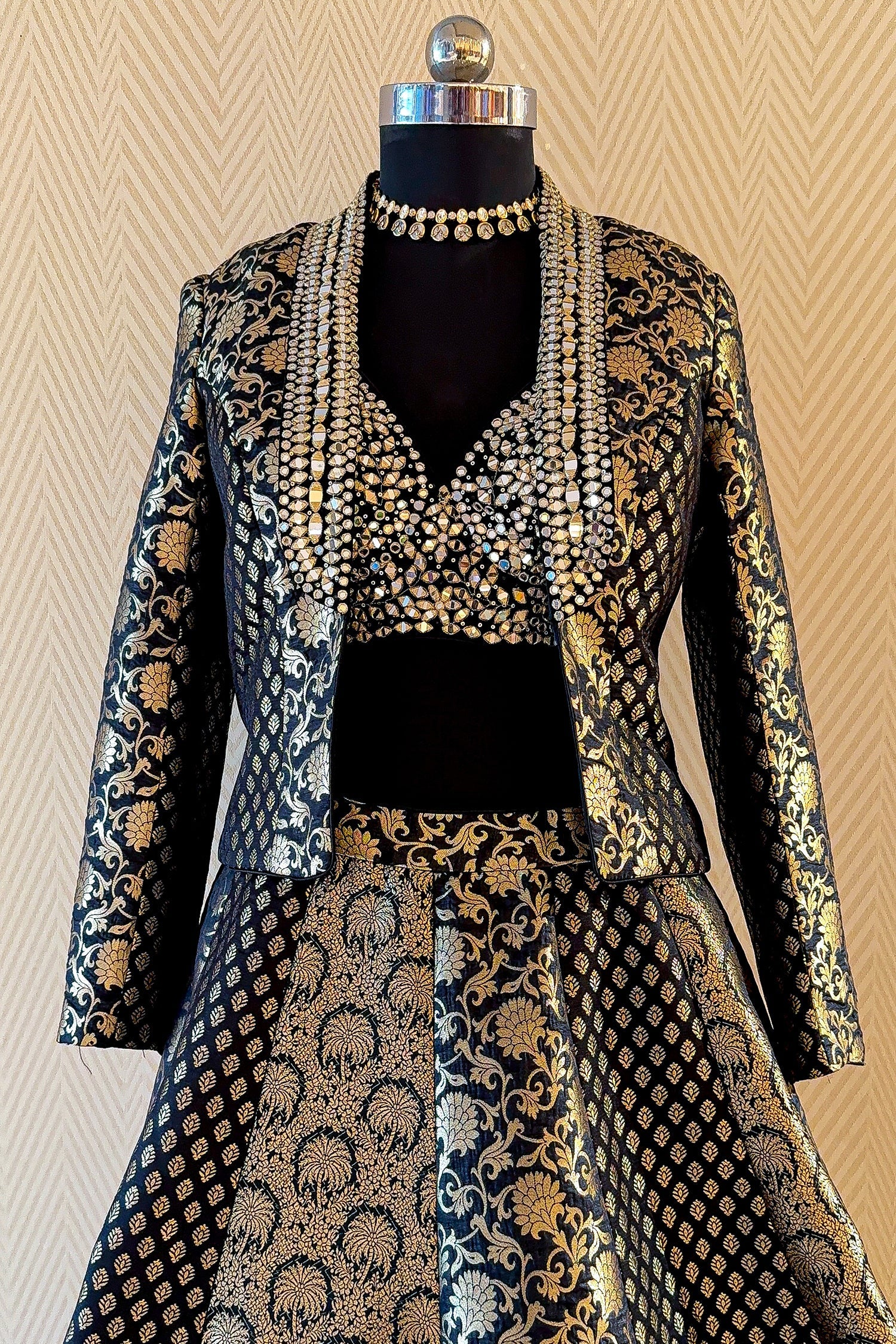 Black and Golden Banarasi Brocade Silk Crop Top Lehenga with Jacket - Image 4