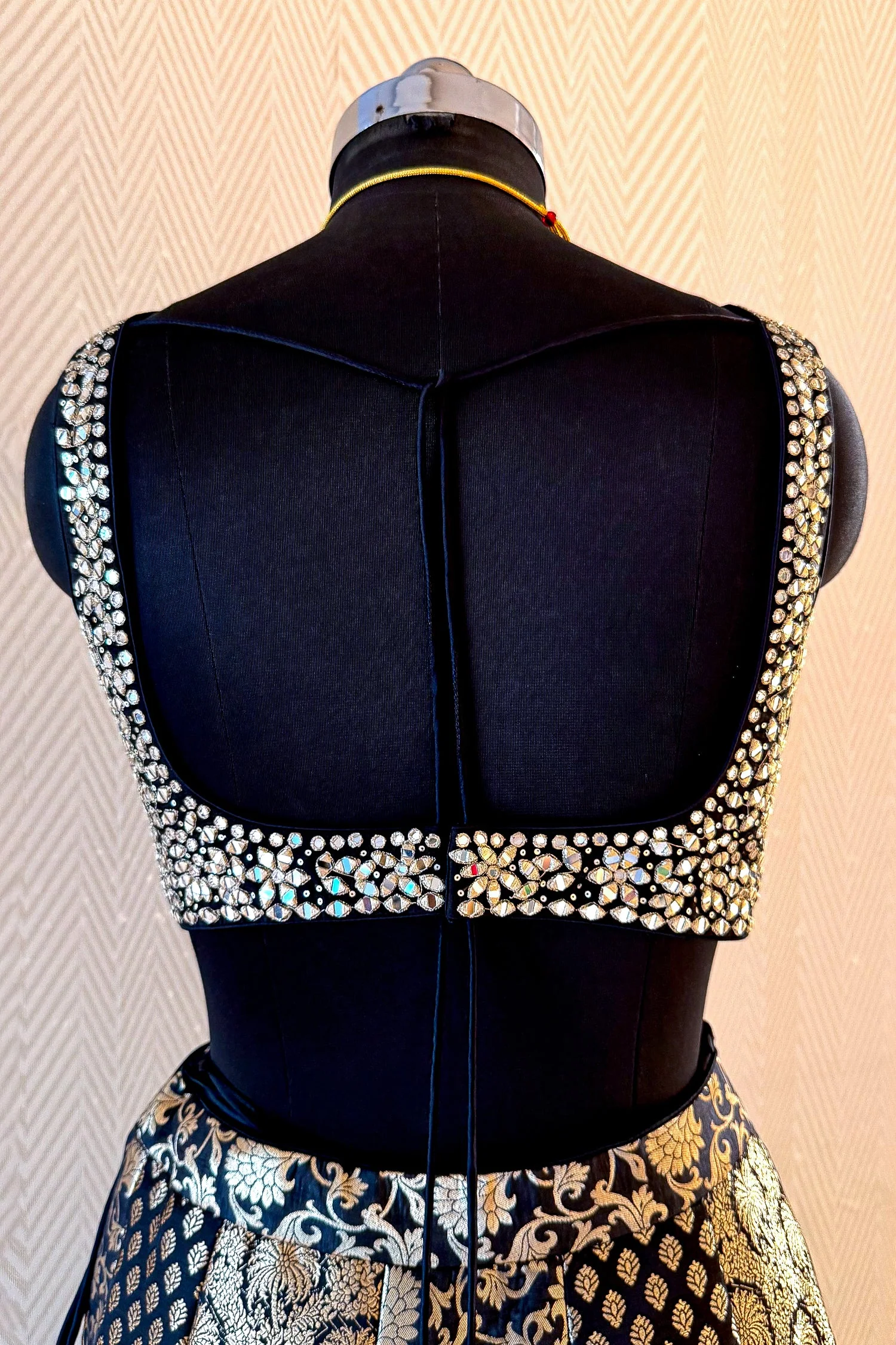 Black and Golden Banarasi Brocade Silk Crop Top Lehenga with Jacket - Image 5
