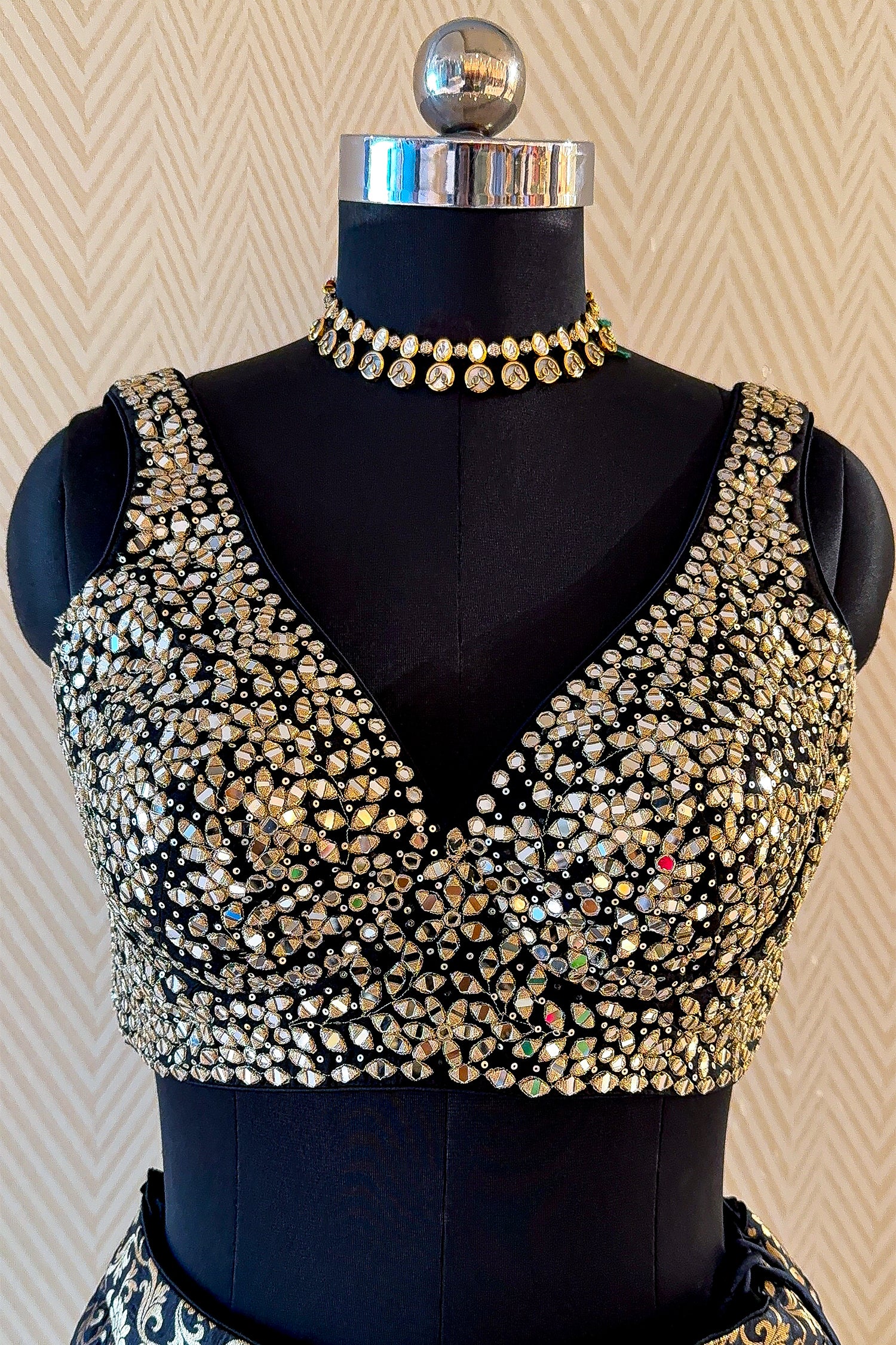 Black and Golden Banarasi Brocade Silk Crop Top Lehenga with Jacket - Image 6