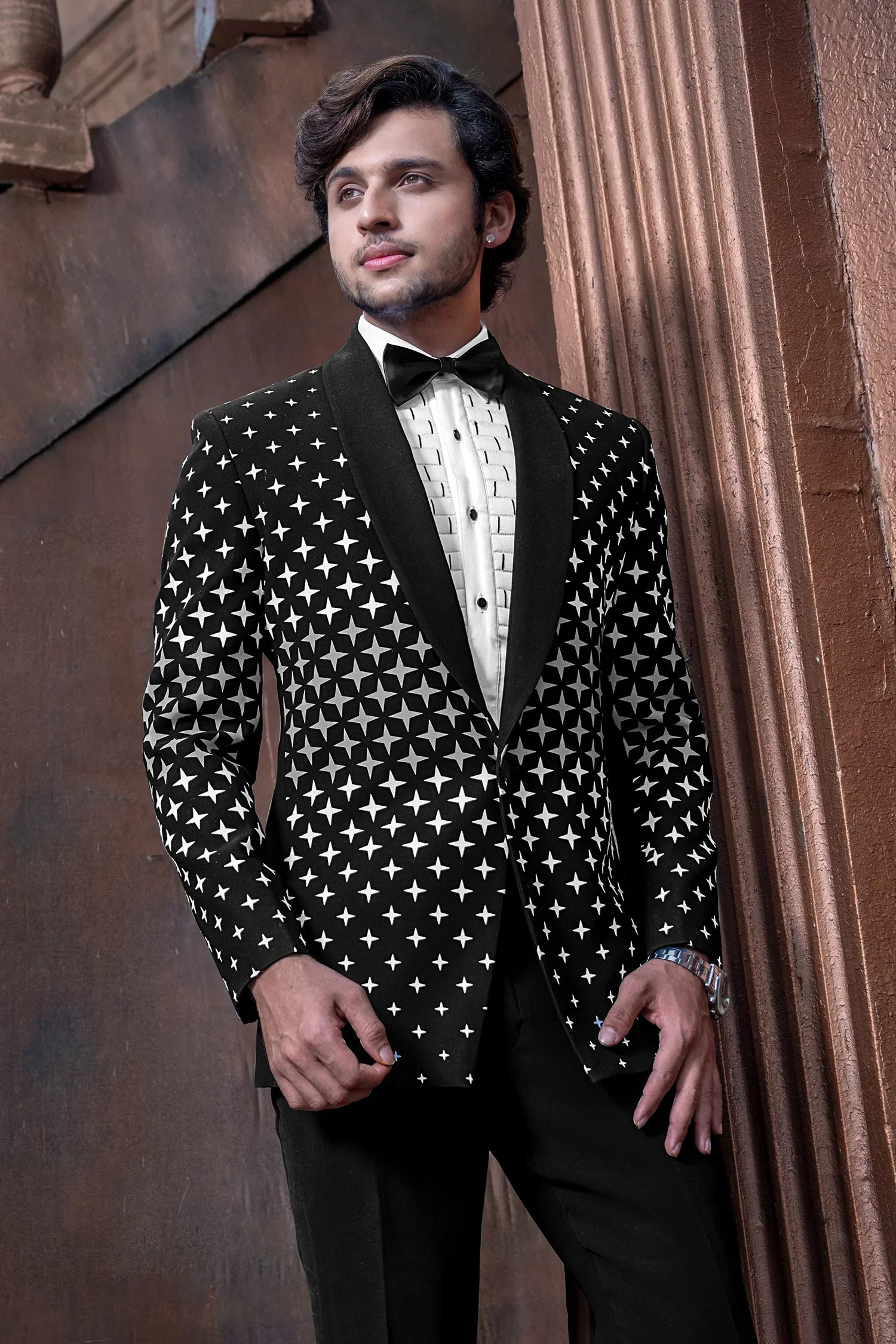 Black and Pearl White Imported Tuxedo Suit with Bow Tie - Image 2