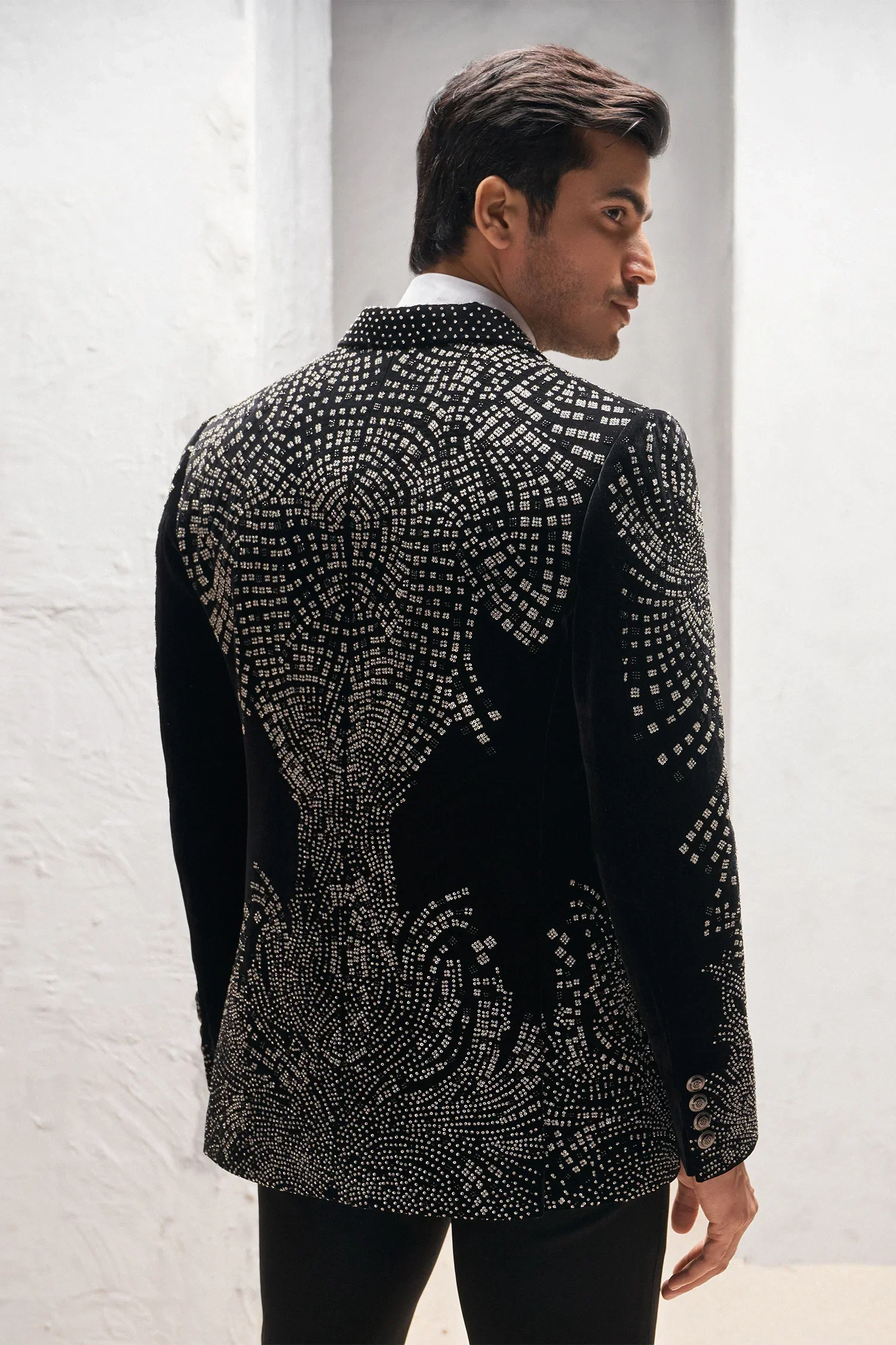 Black and Pearl White Velvet Sequins Beaded Suit - Image 2