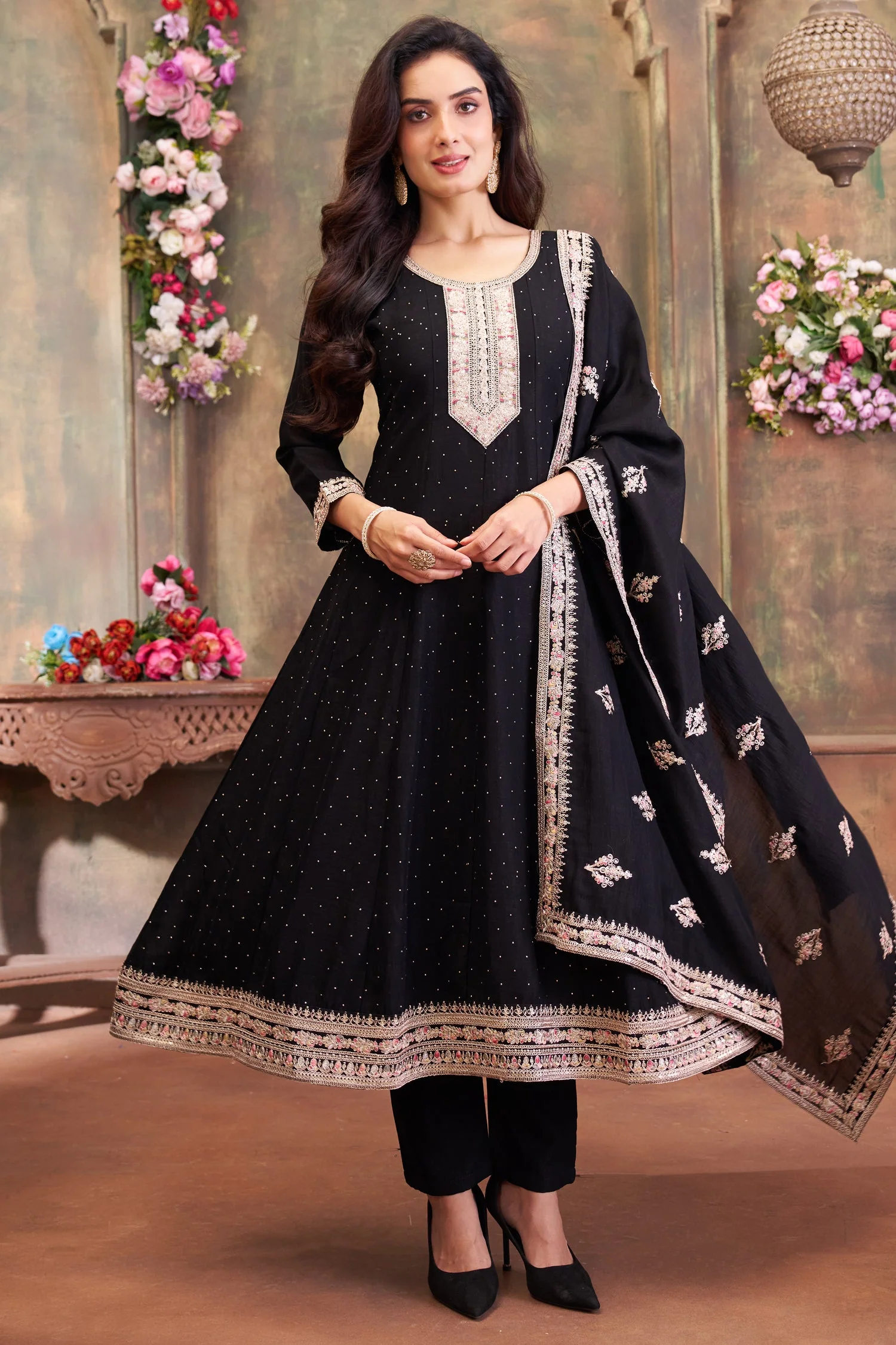 Black Art Silk Embroidered Anarkali Suit - Image 3