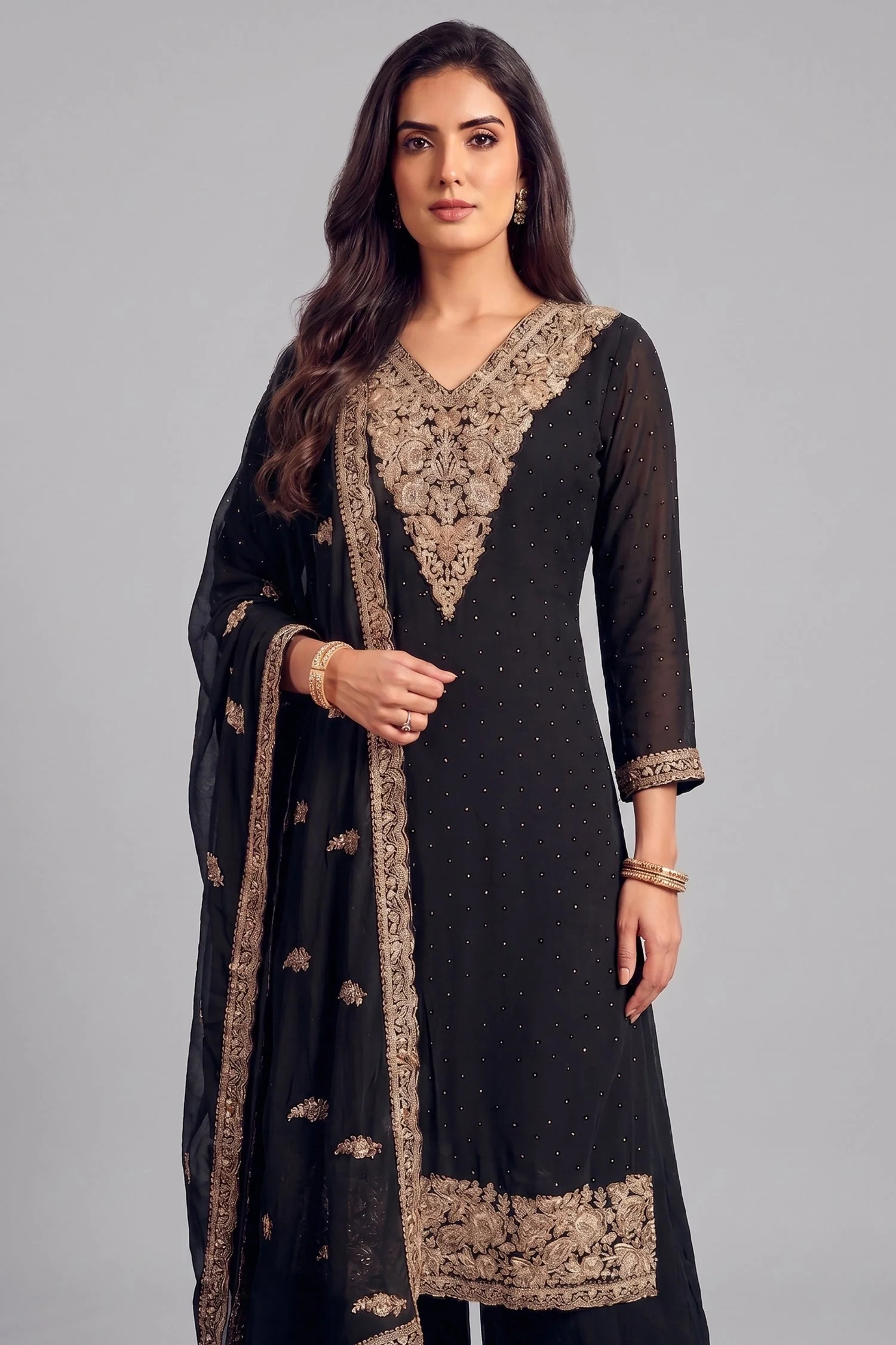 Black Art Silk Floral Embroidered Palazzo Suit - Image 2