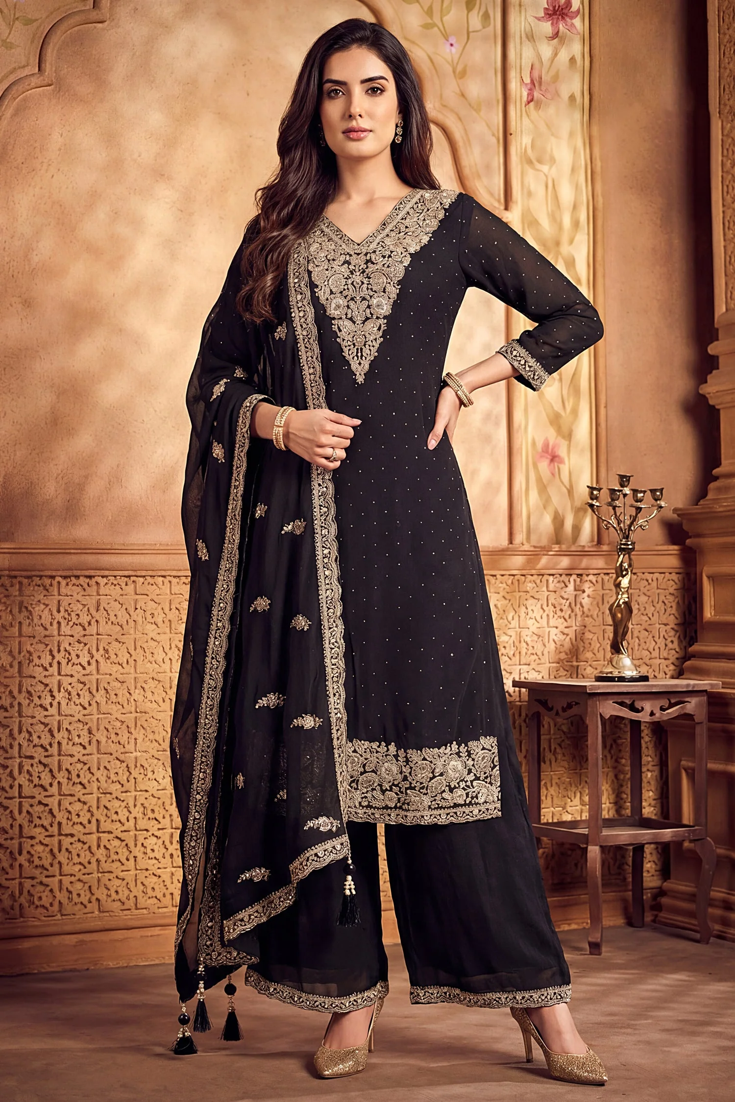 Black Art Silk Floral Embroidered Palazzo Suit - Image 3