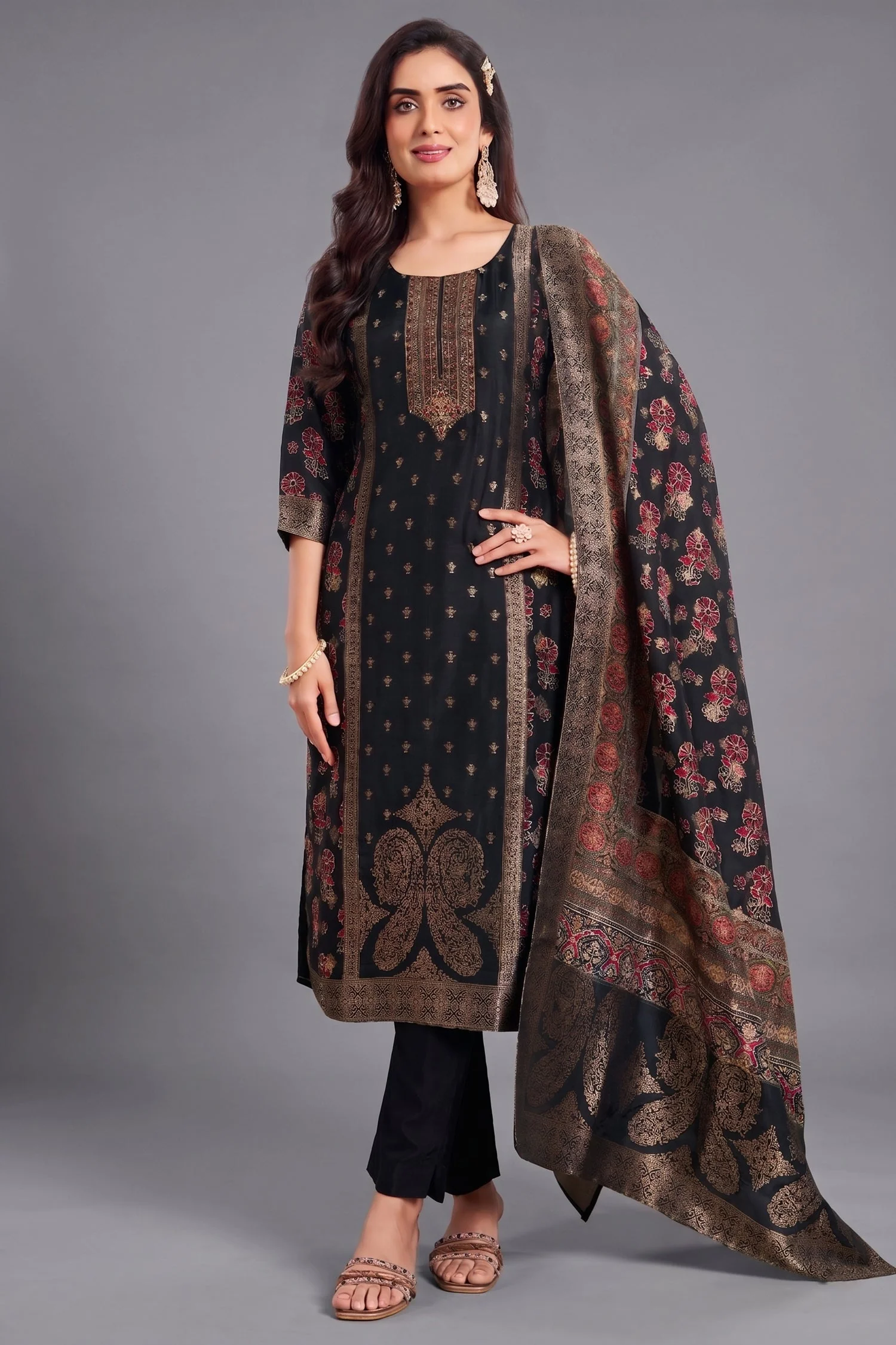 Black Art Silk Printed Straight Cut Suit