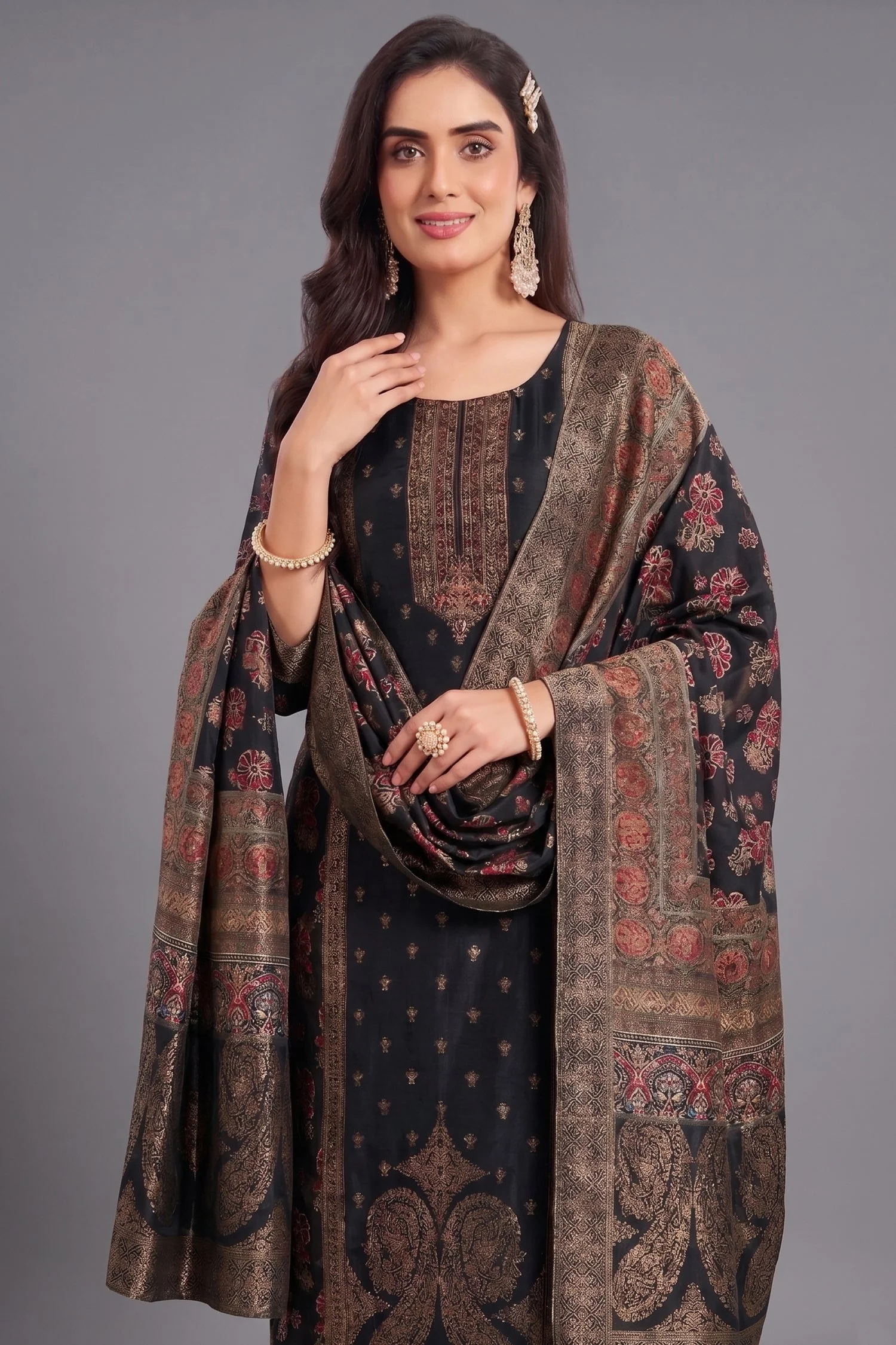Black Art Silk Printed Straight Cut Suit - Image 2