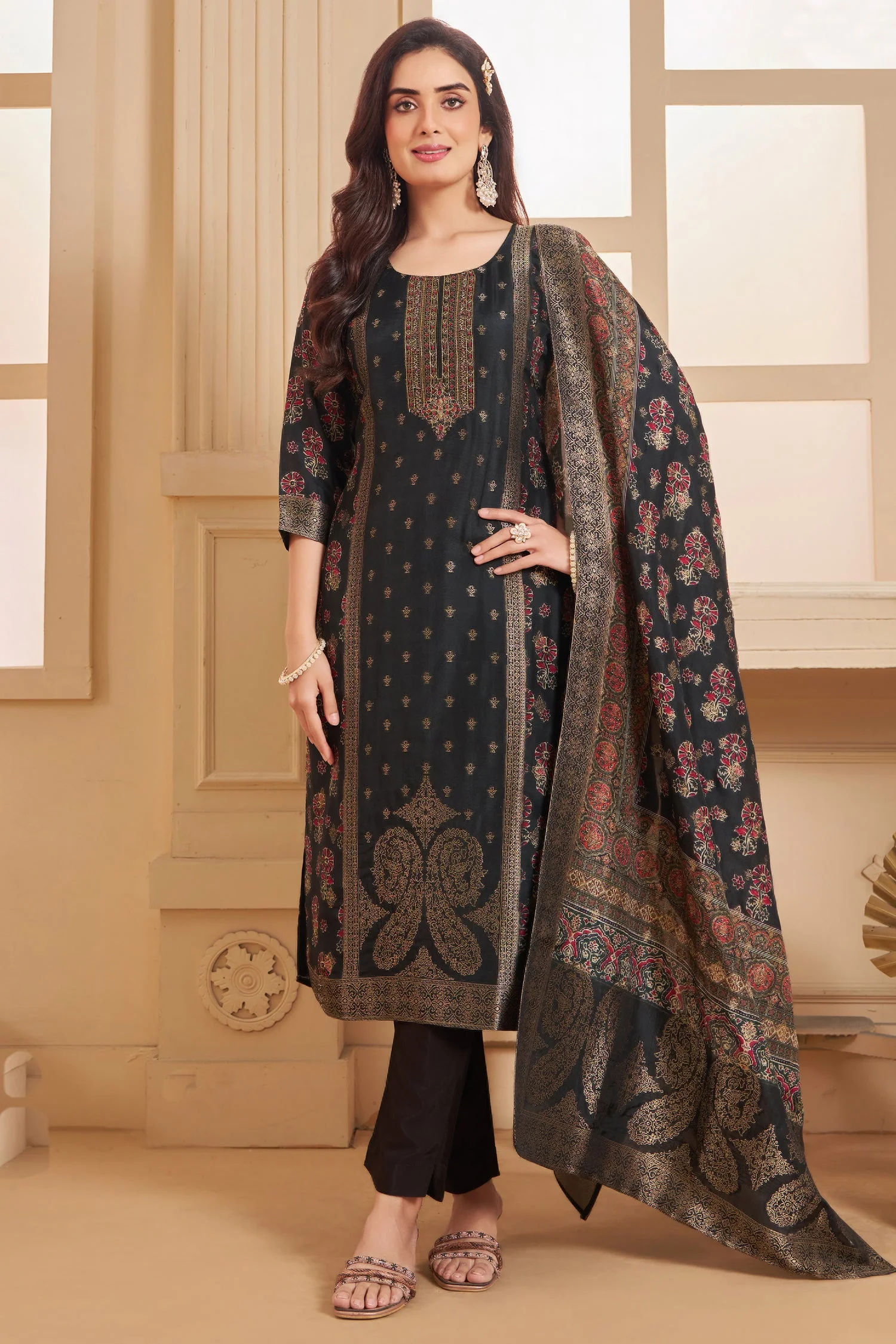 Black Art Silk Printed Straight Cut Suit - Image 3