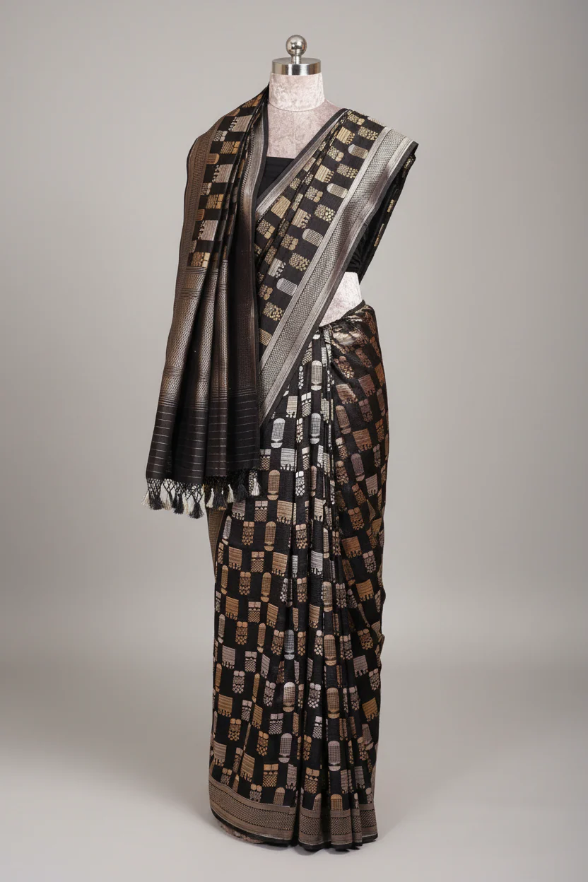 Black Banarasi Silk Woven Saree - Image 3