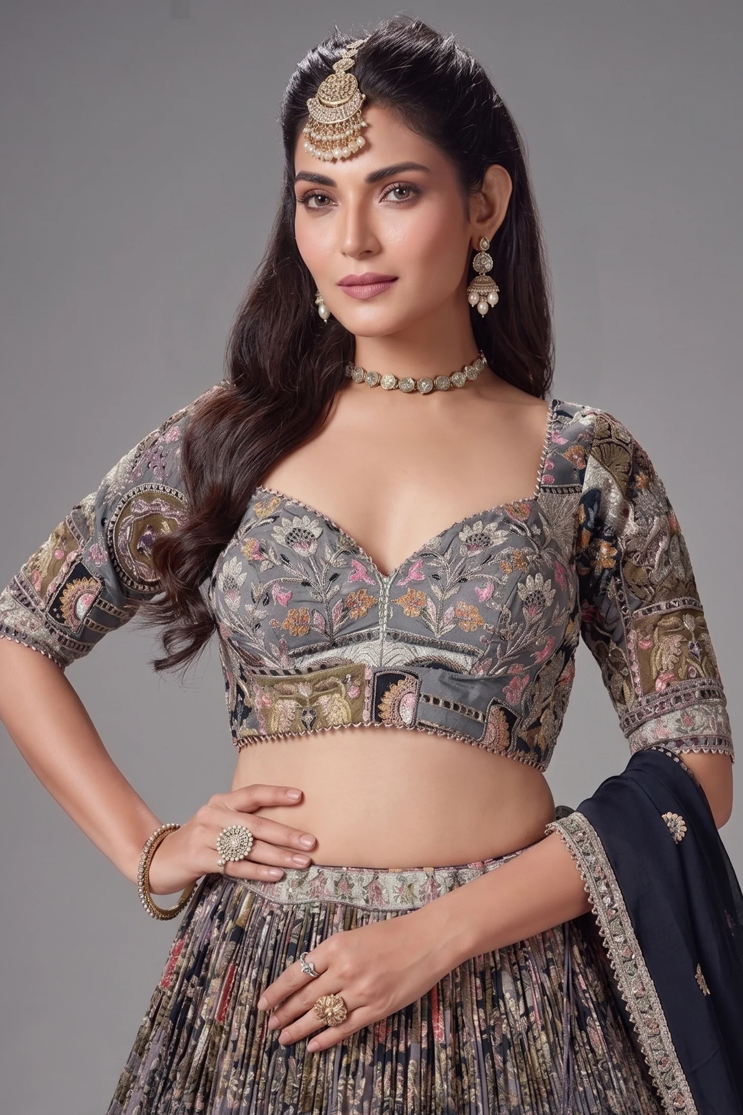 Black Chinon All Over Printed Flared Lehenga with Sequin Work - Image 2