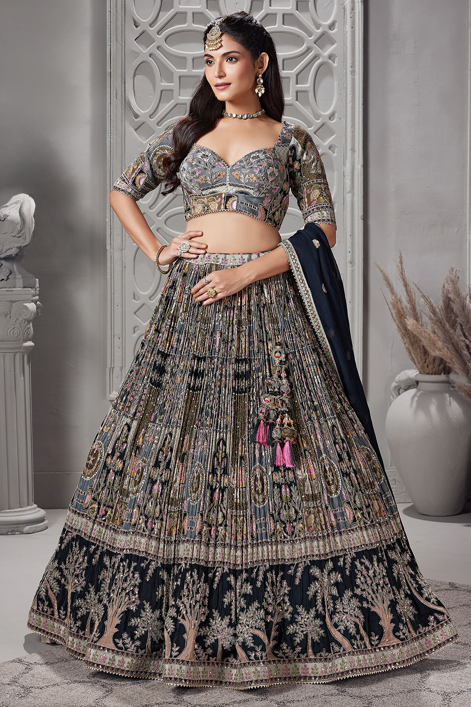 Black Chinon All Over Printed Flared Lehenga with Sequin Work - Image 3