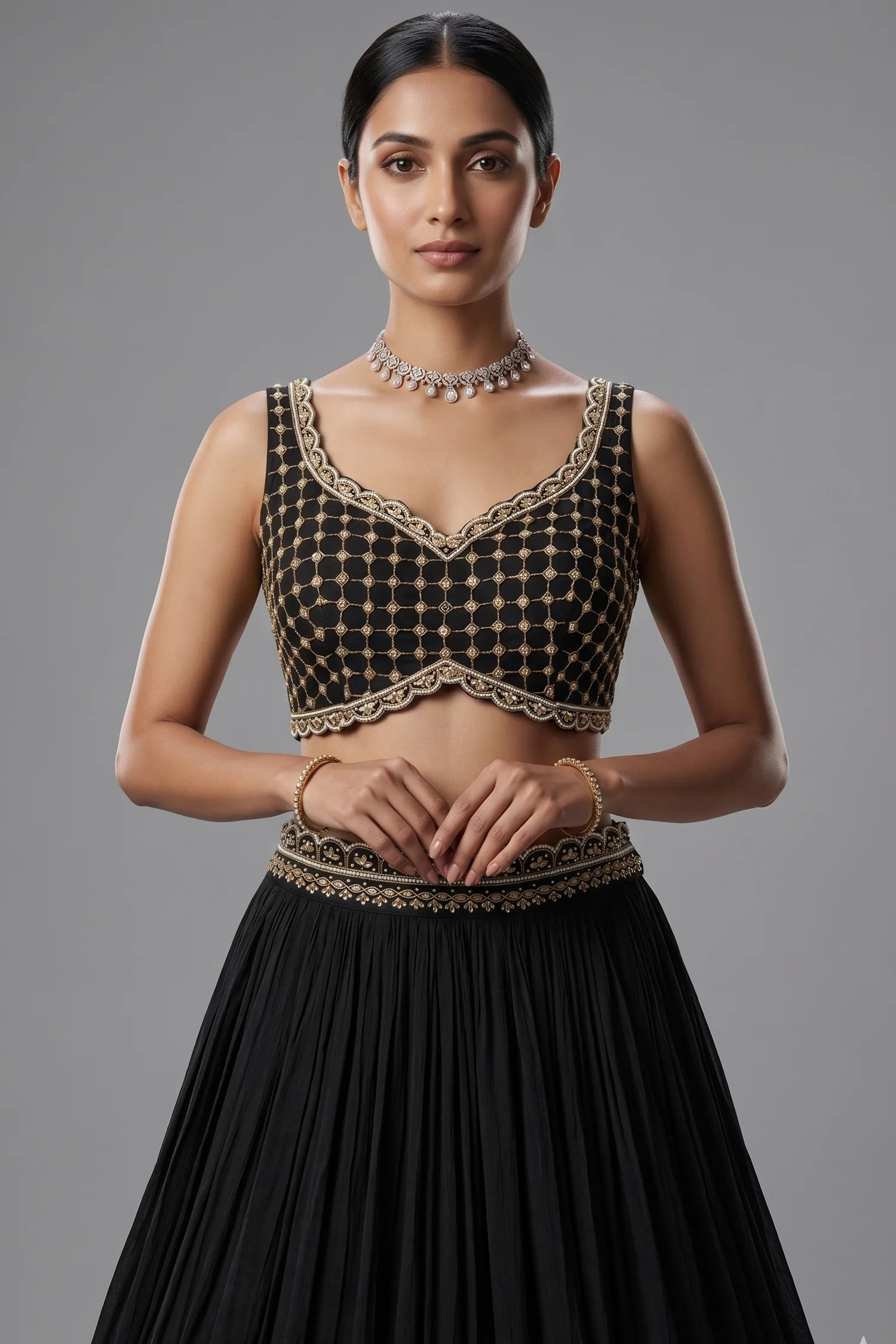 Black Chinon Chiffon Beaded Crop Top Lehenga with Attached Dupatta and Long Jacket - Image 2