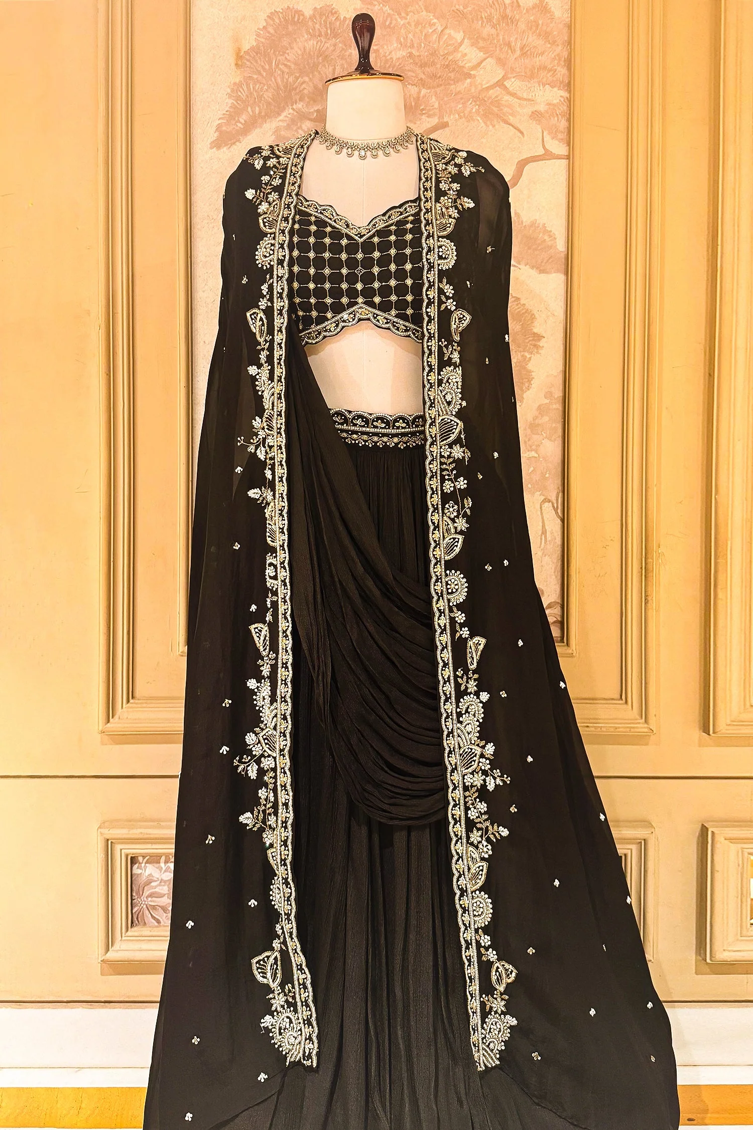 Black Chinon Chiffon Beaded Crop Top Lehenga with Attached Dupatta and Long Jacket - Image 3