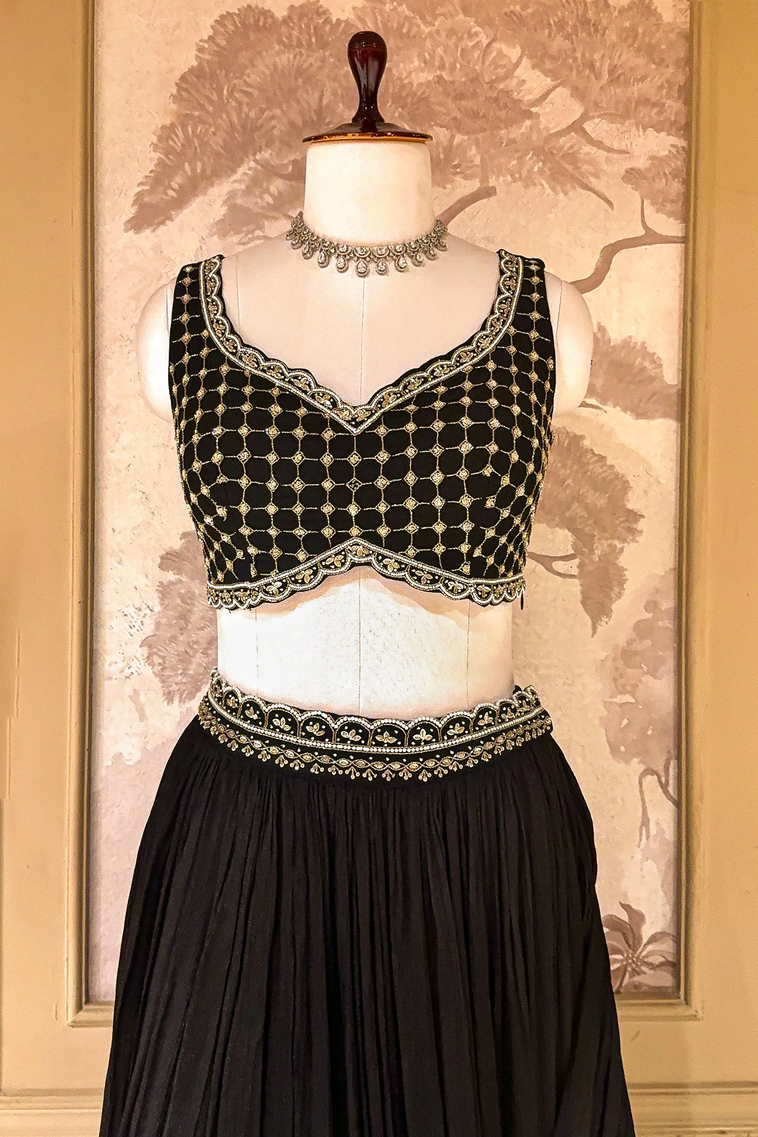 Black Chinon Chiffon Beaded Crop Top Lehenga with Attached Dupatta and Long Jacket - Image 4