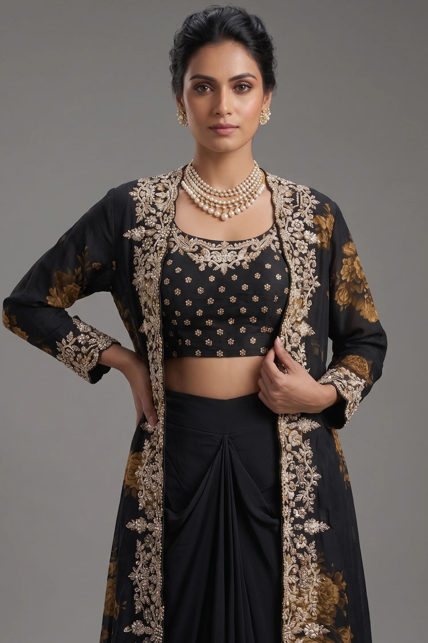 Black Chinon Chiffon Floral Printed Cape Set - Image 2