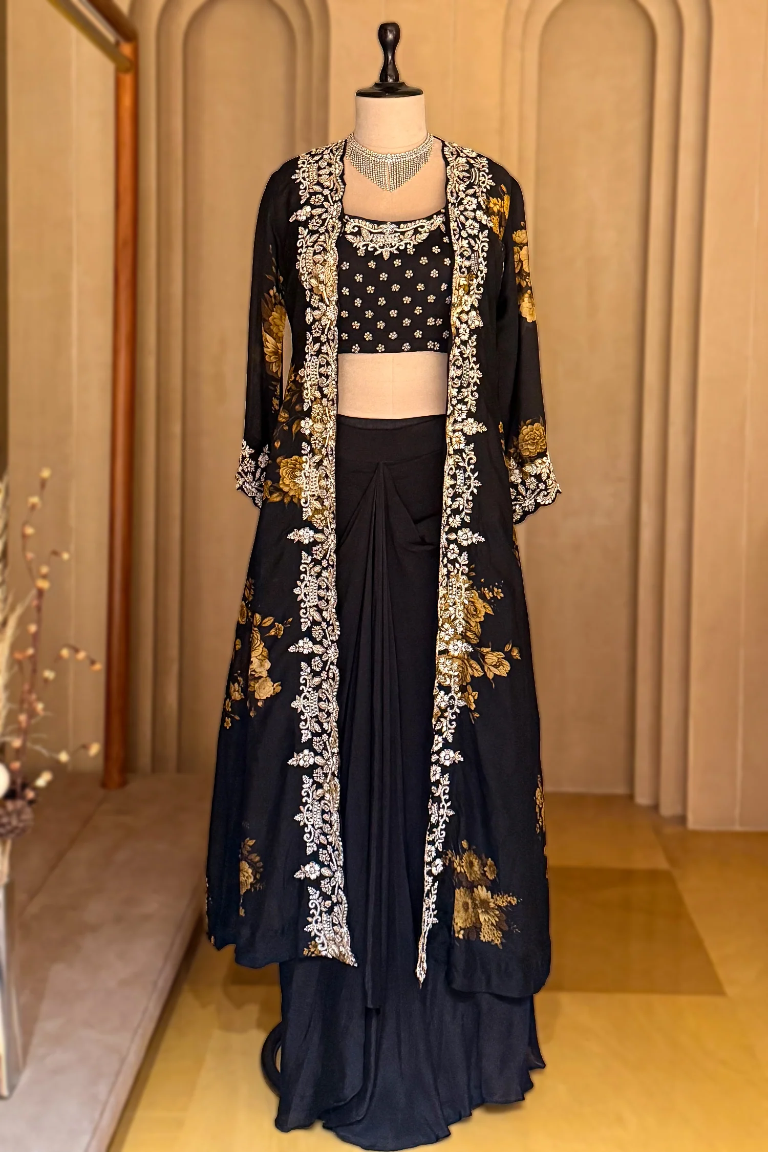 Black Chinon Chiffon Floral Printed Cape Set - Image 3