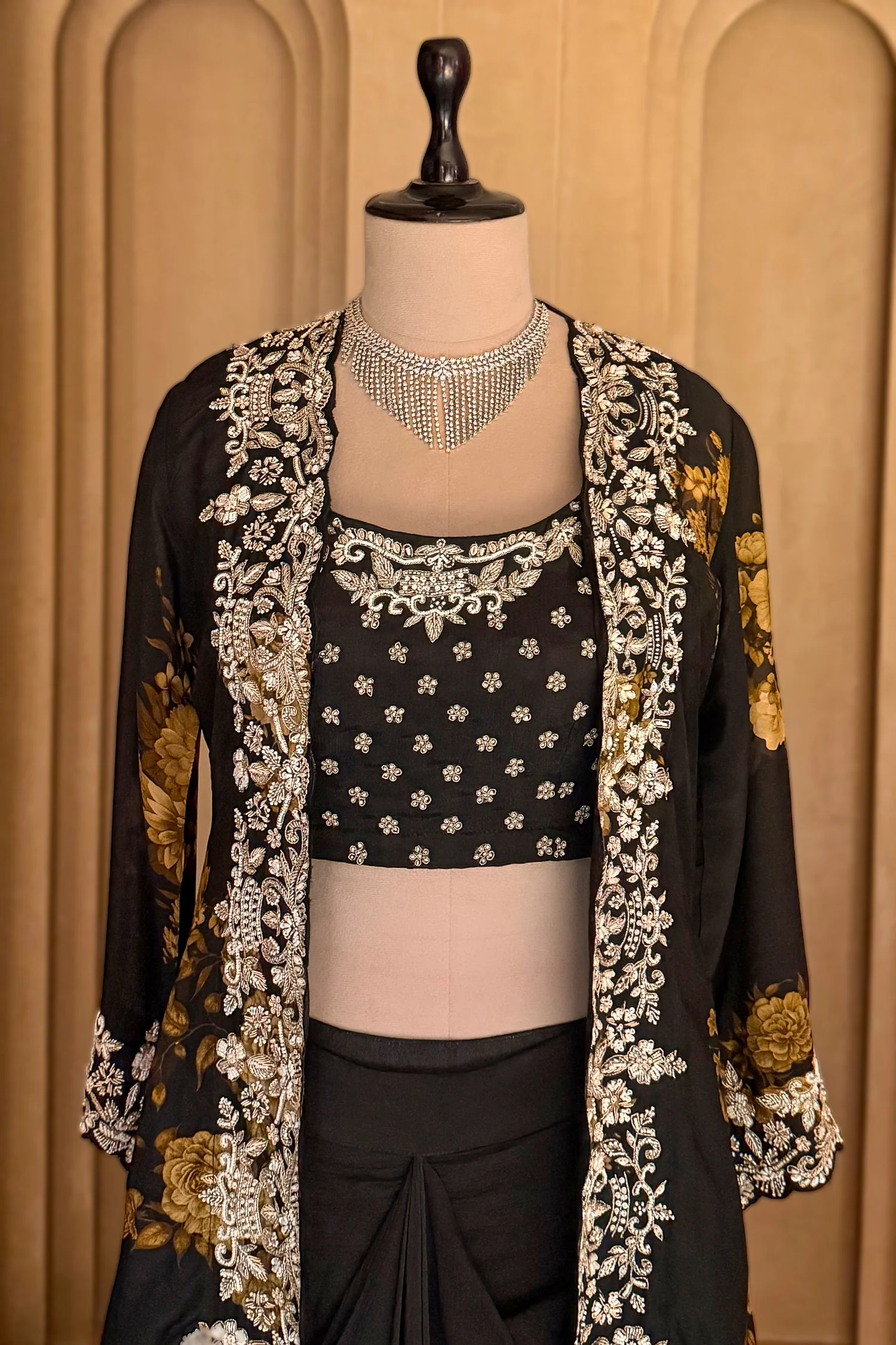 Black Chinon Chiffon Floral Printed Cape Set - Image 4