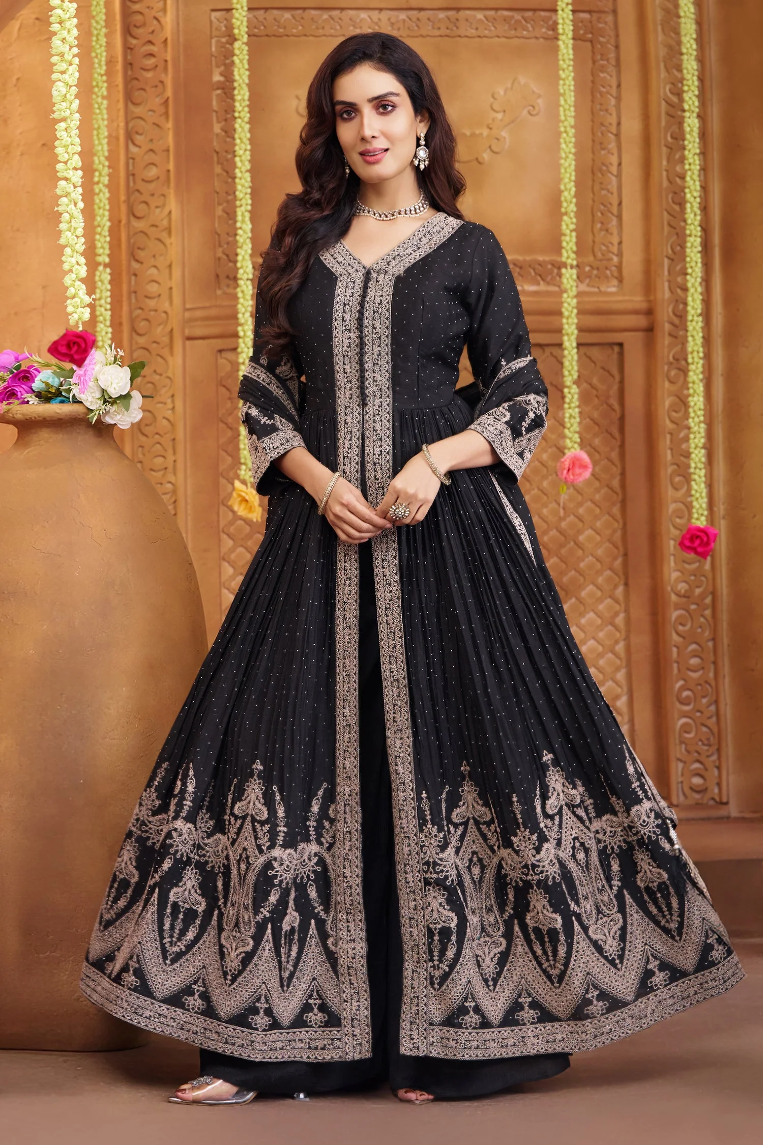 Black Chinon Georgette Embroidered Slit Cut Palazzo Suit - Image 2