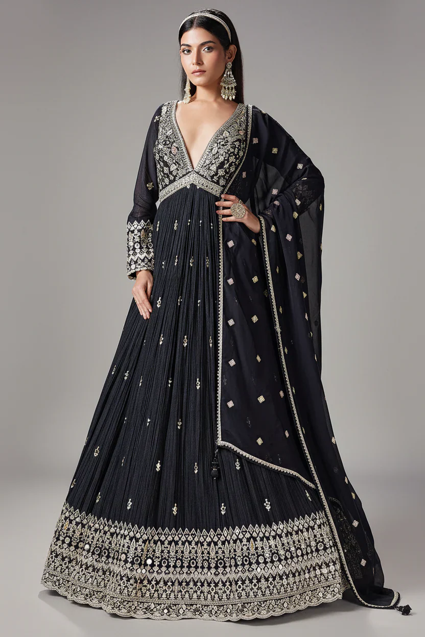 Black Chinon Mirror and Embroidered V Neck Anarkali Suit