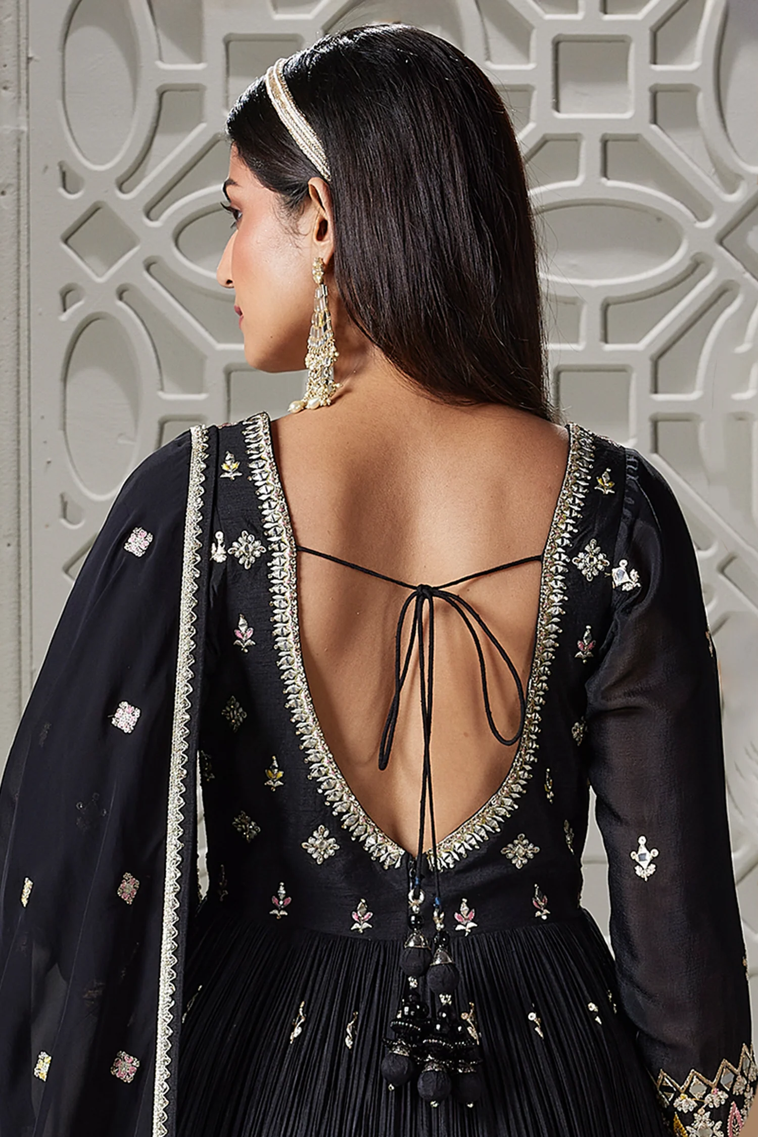 Black Chinon Mirror and Embroidered V Neck Anarkali Suit - Image 3