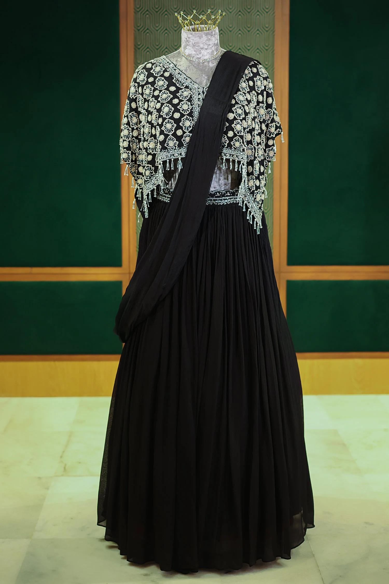 Black Chinon Silk Pre Drape Lehenga Saree with Sequin Cutdana Worked Poncho Cape - Image 3