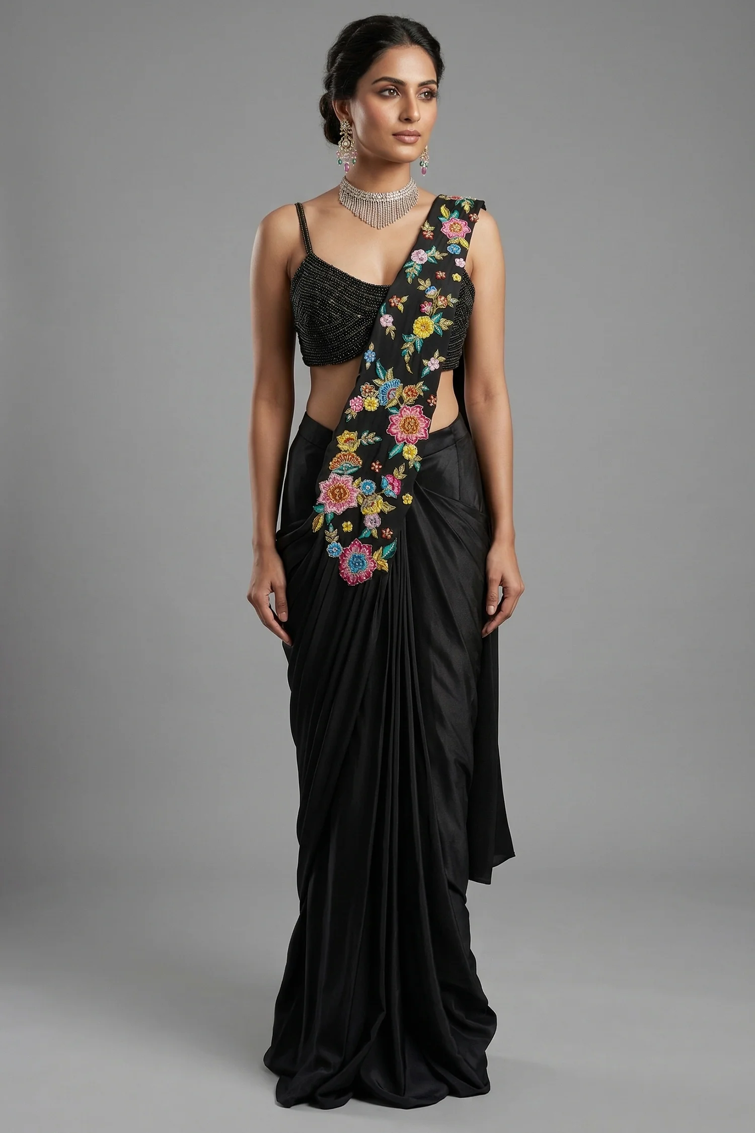 Black Crepe Satin Silk Floral Embroidered Readymade Saree
