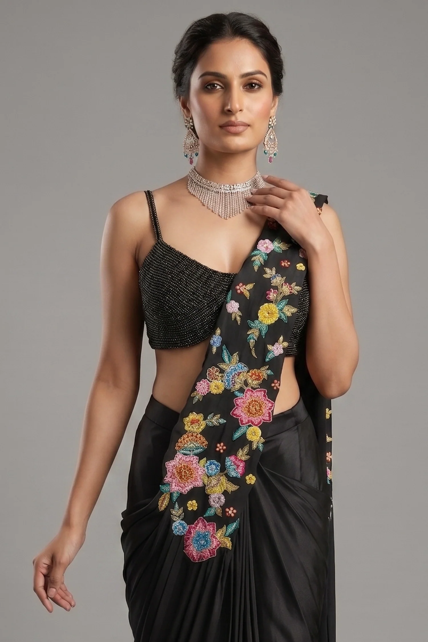 Black Crepe Satin Silk Floral Embroidered Readymade Saree - Image 2