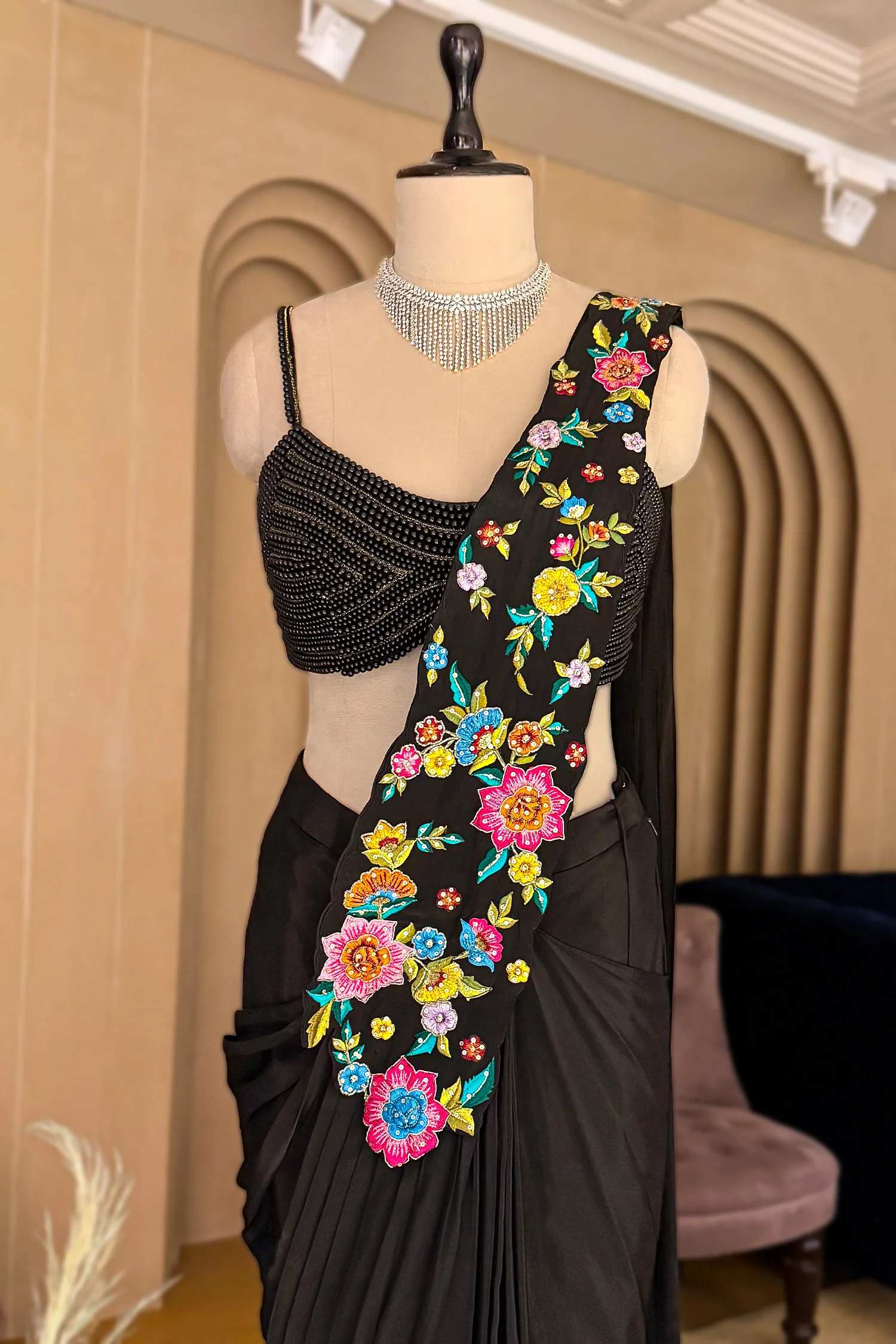 Black Crepe Satin Silk Floral Embroidered Readymade Saree - Image 4