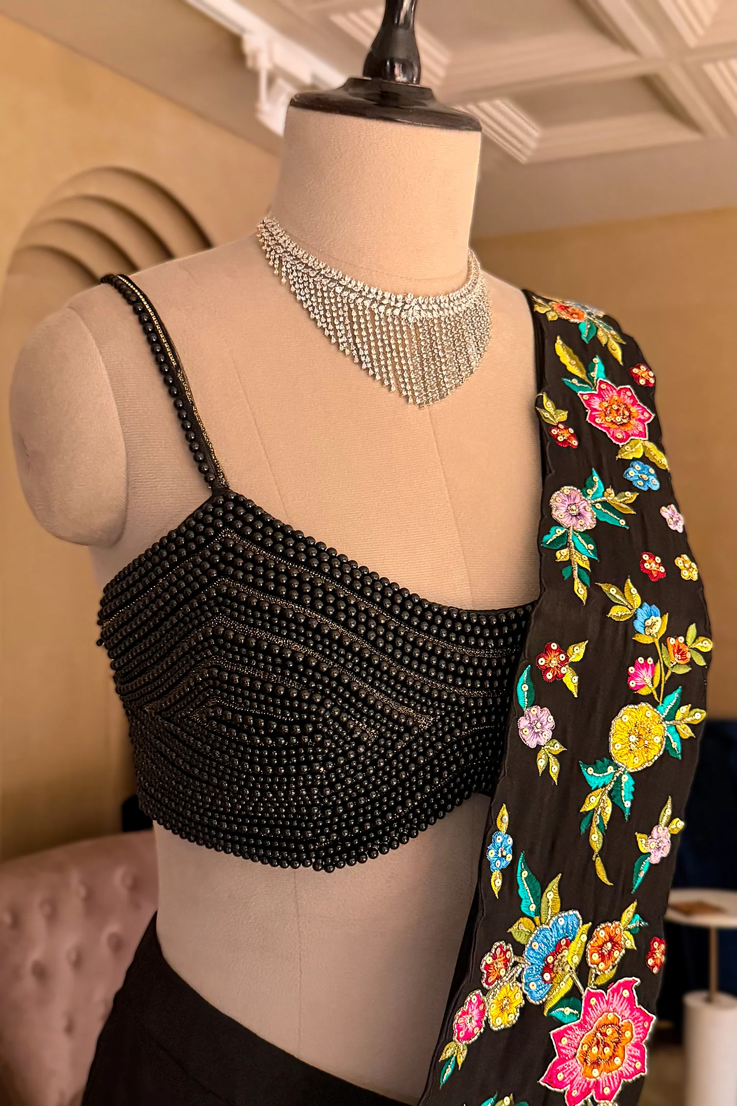 Black Crepe Satin Silk Floral Embroidered Readymade Saree - Image 5