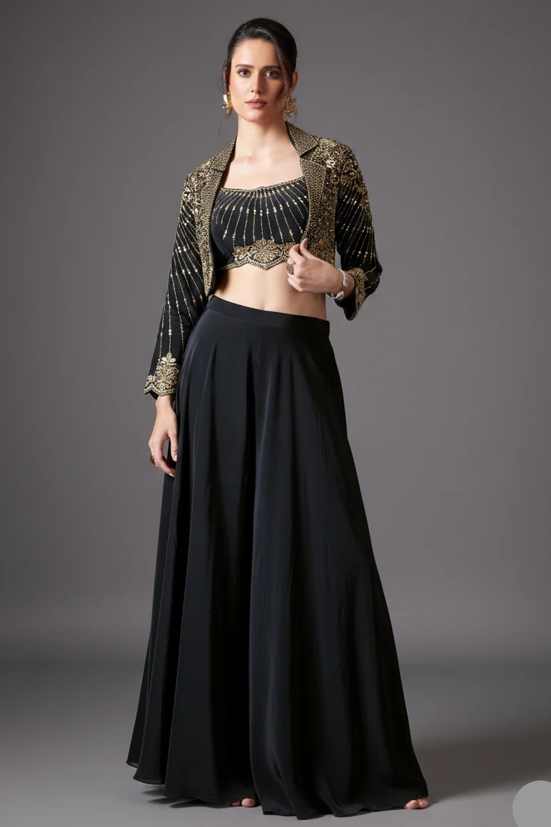 Black Crepe Satin Silk Palazzo Set with Mirror Adorned Jacket