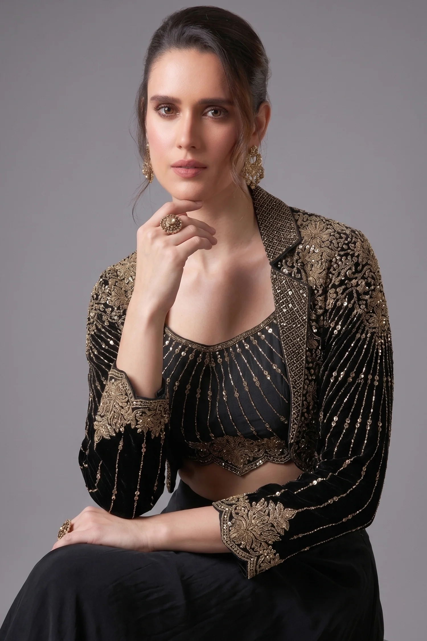 Black Crepe Satin Silk Palazzo Set with Mirror Adorned Jacket - Image 2