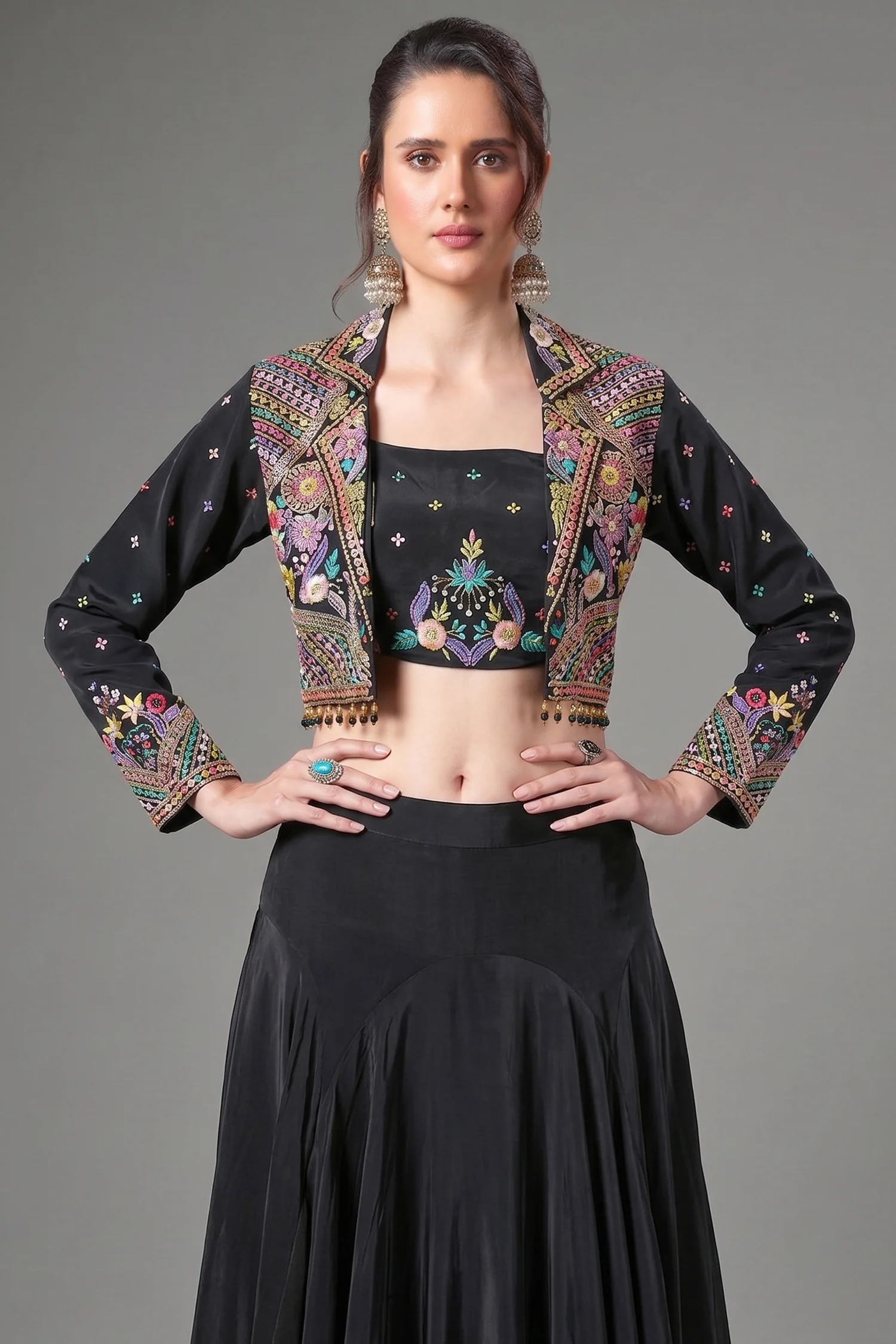 Black Crepe Silk Embroidered Crop Top with Mermaid Cut Lehenga and Jacket - Image 2