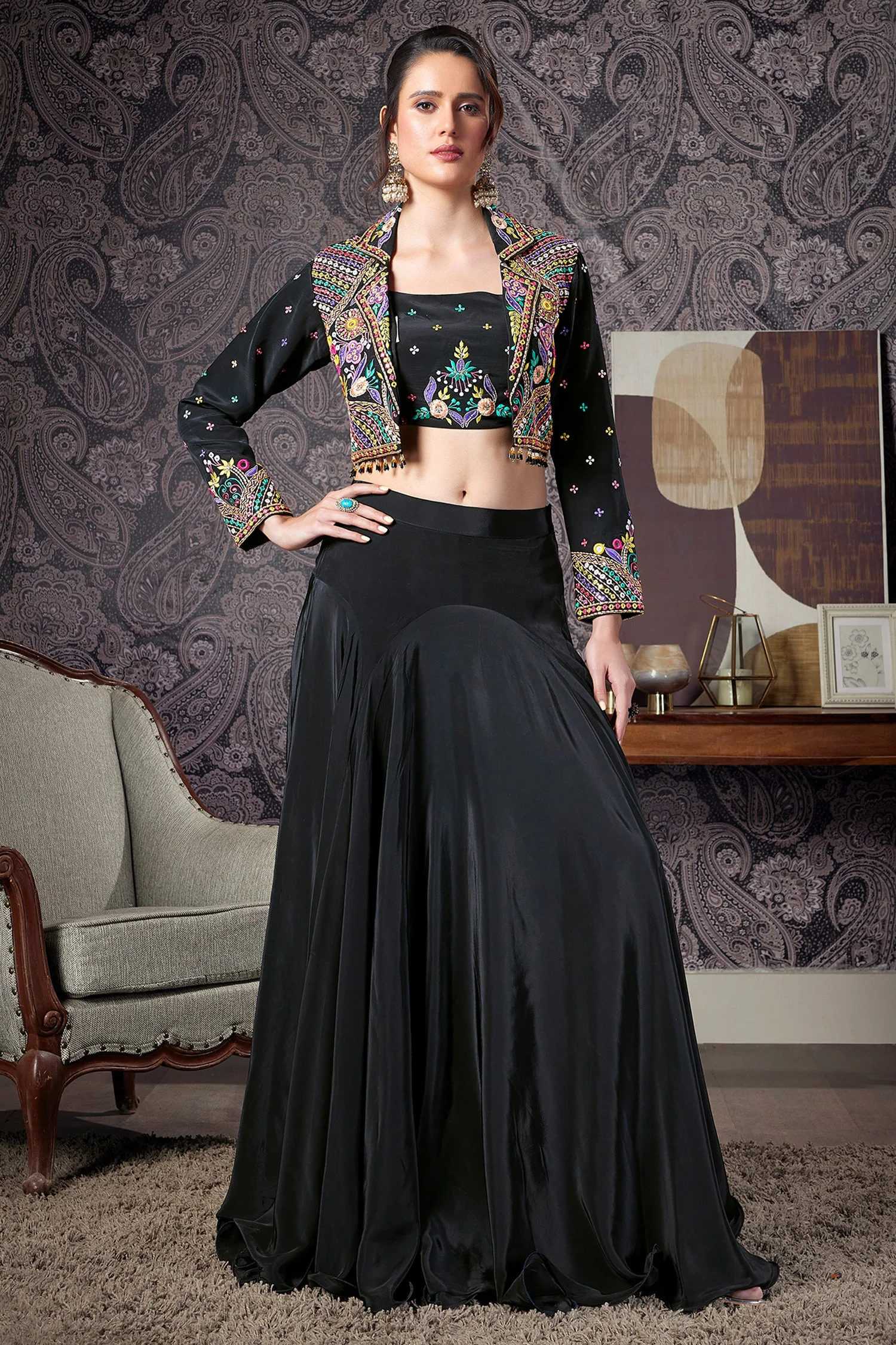 Black Crepe Silk Embroidered Crop Top with Mermaid Cut Lehenga and Jacket - Image 3