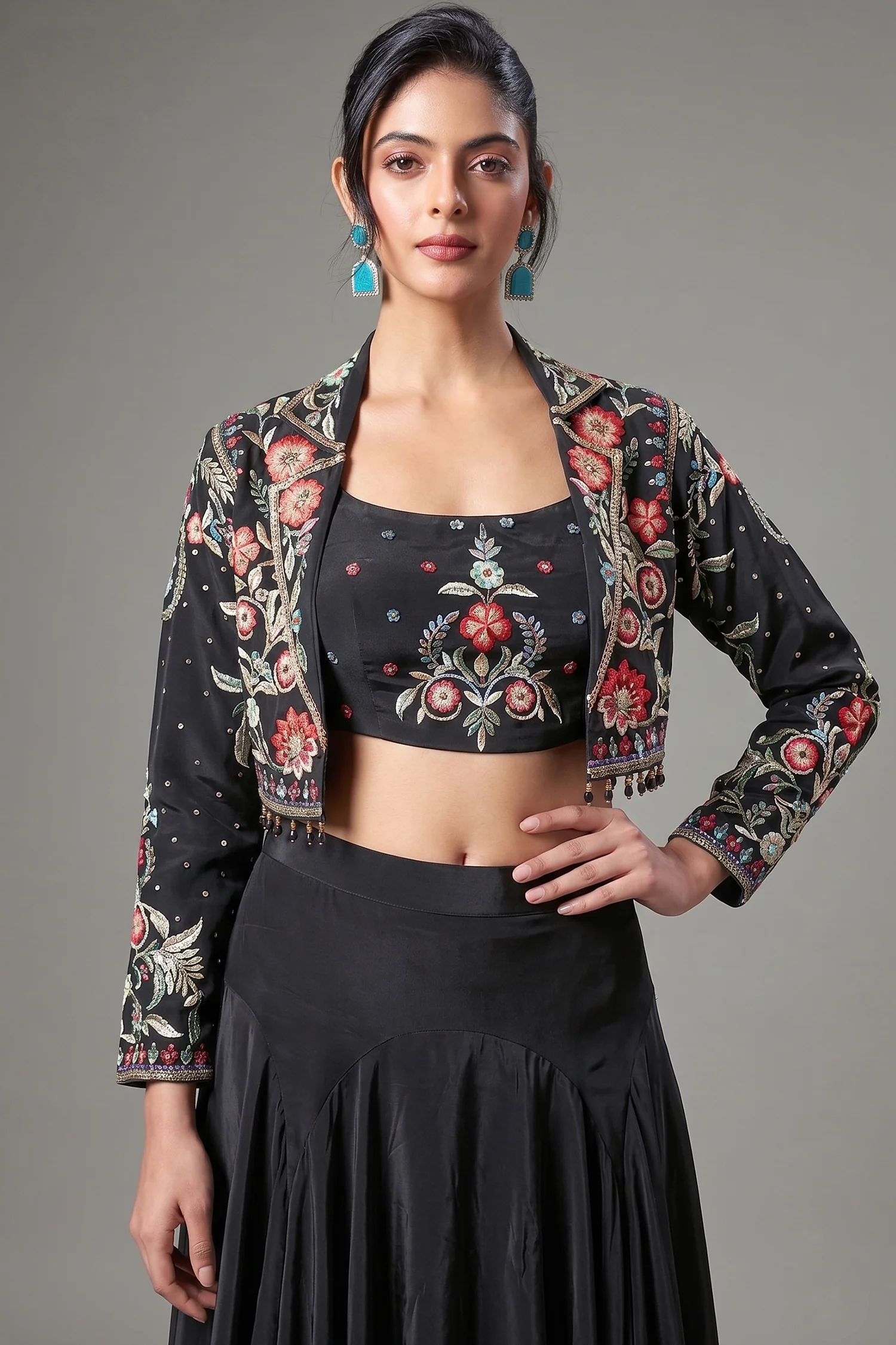 Black Crepe Silk Floral Embroidered Crop Top with Mermaid Cut Lehenga and Jacket - Image 2