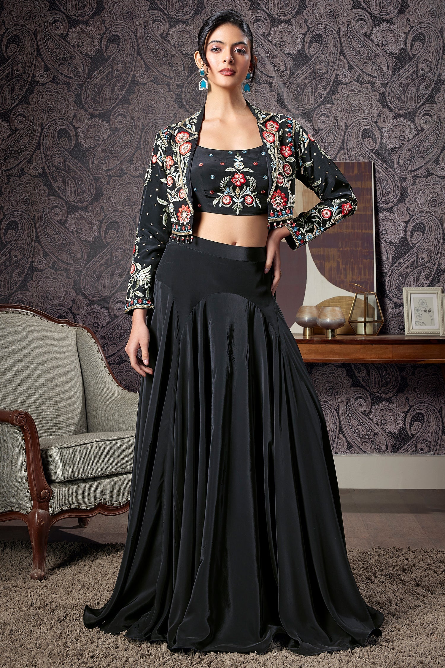 Black Crepe Silk Floral Embroidered Crop Top with Mermaid Cut Lehenga and Jacket - Image 3