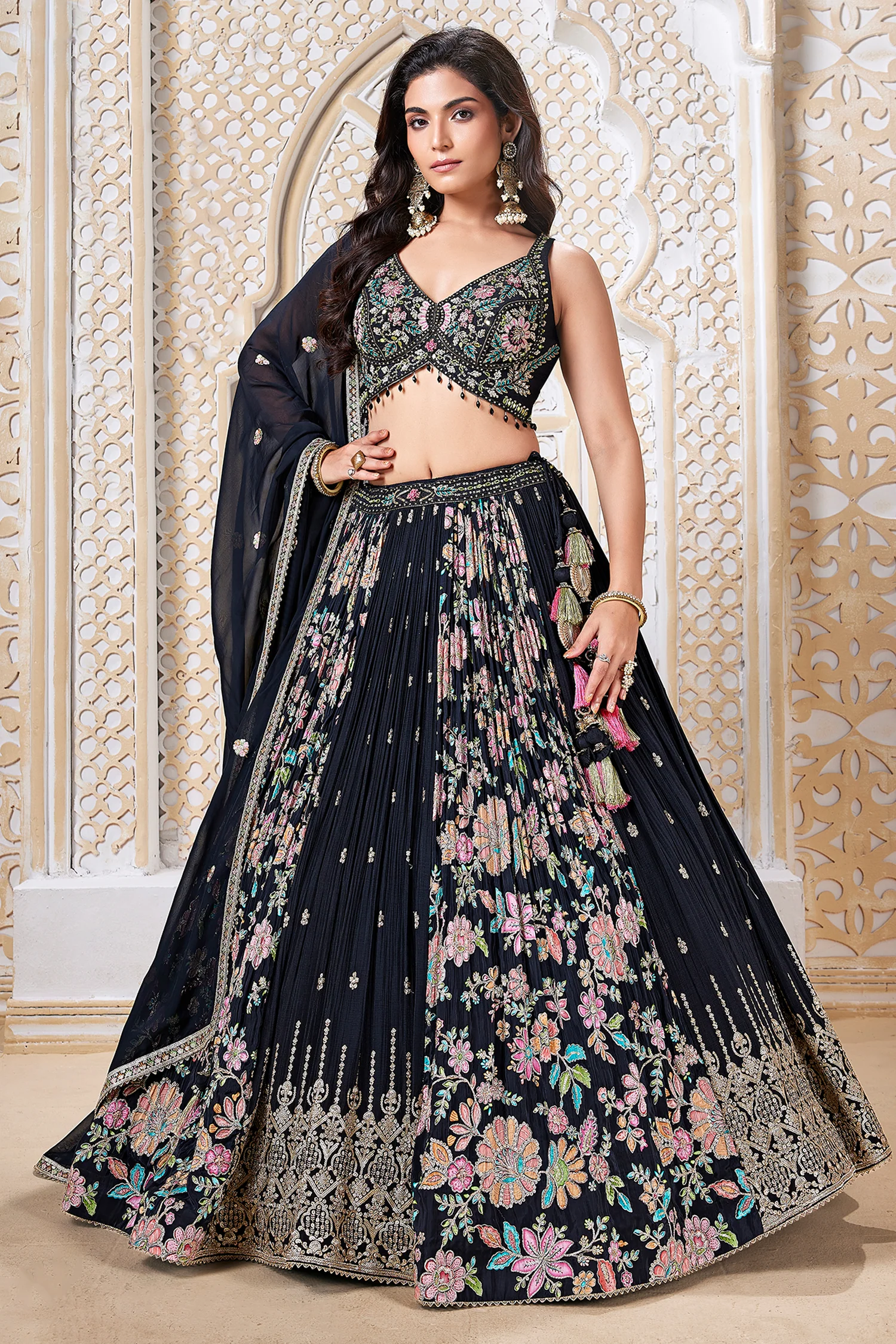 Black Georgette Chinon Floral Printed Flared Lehenga with Sequins Work - Image 3