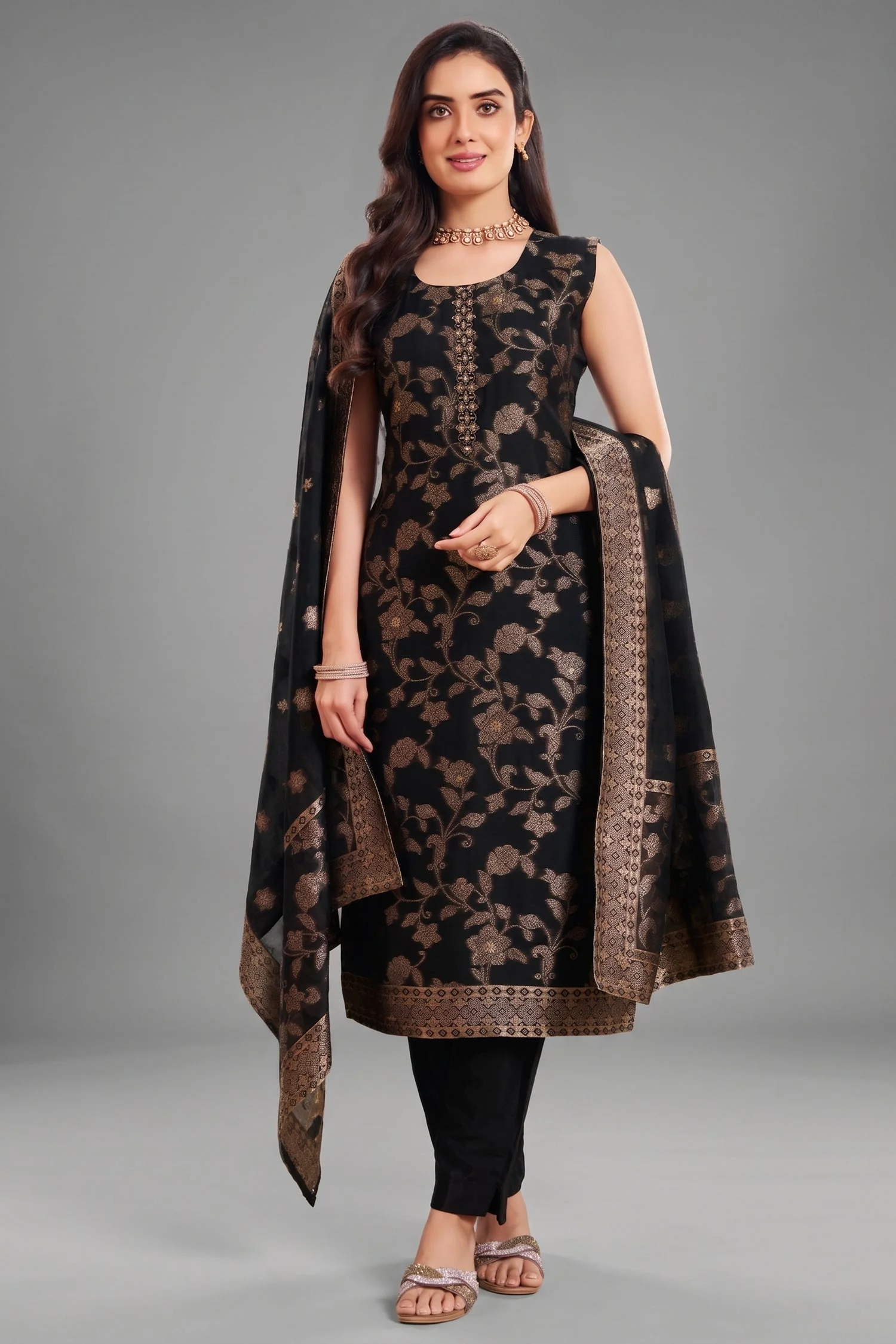 Black Georgette Jacquard Woven Straight Cut Suit