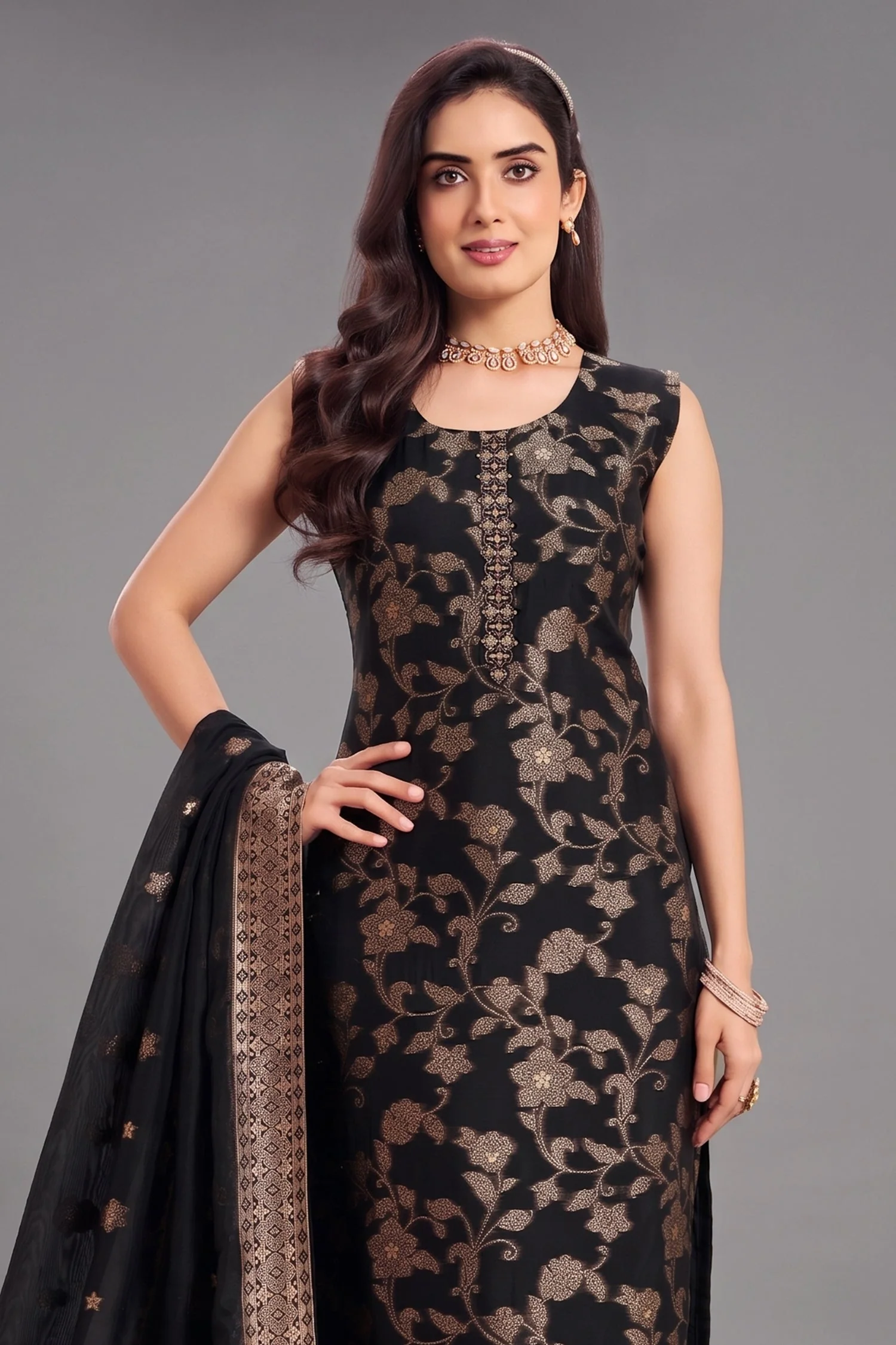 Black Georgette Jacquard Woven Straight Cut Suit - Image 2