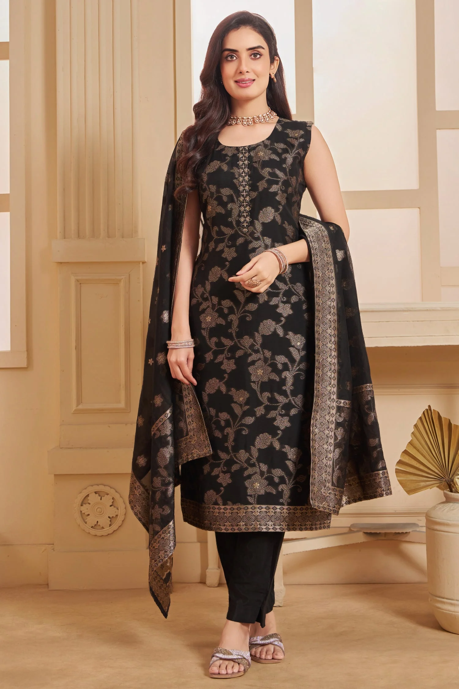 Black Georgette Jacquard Woven Straight Cut Suit - Image 3