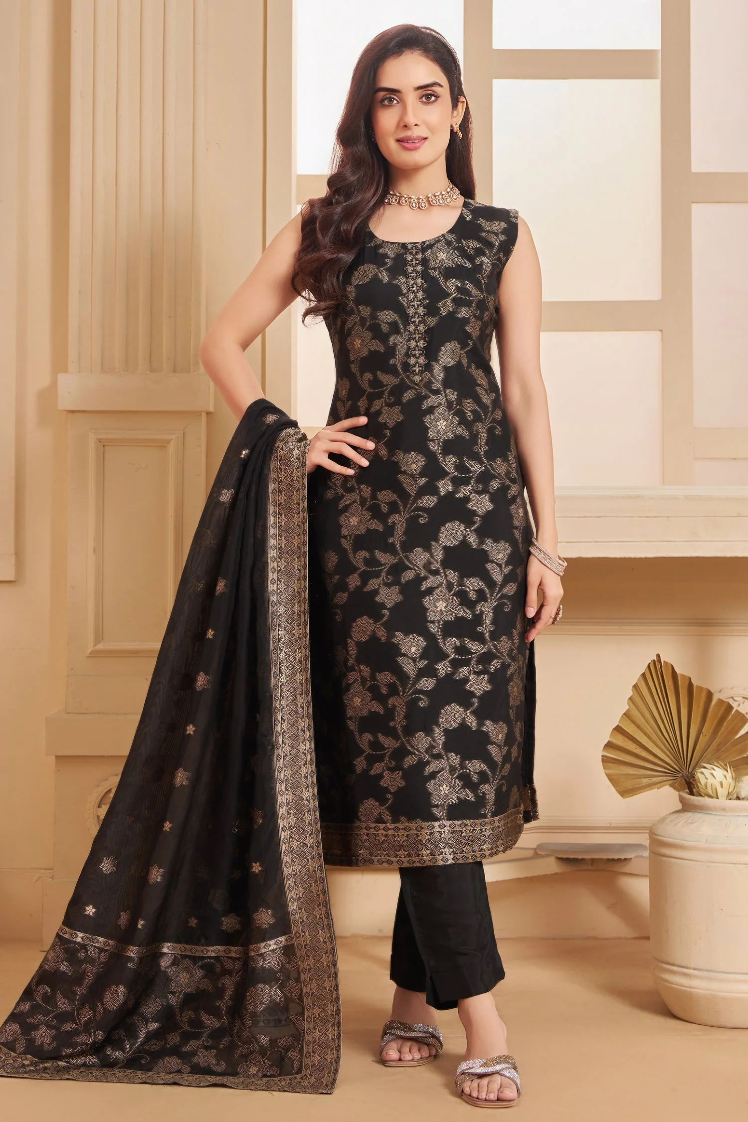 Black Georgette Jacquard Woven Straight Cut Suit - Image 4