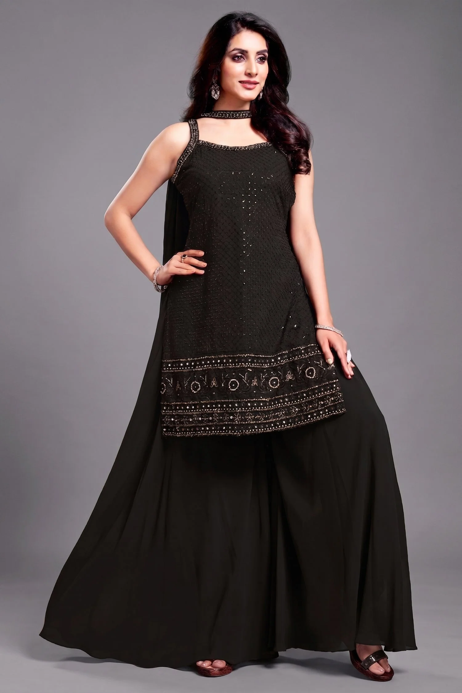 Black Georgette Lucknowi Worked Palazzo Suit