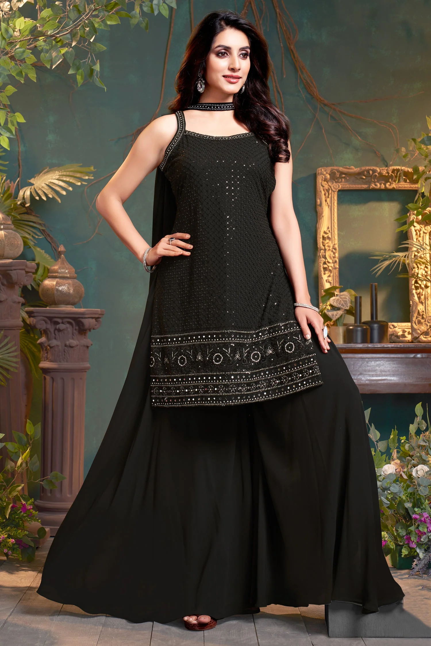 Black Georgette Lucknowi Worked Palazzo Suit - Image 3