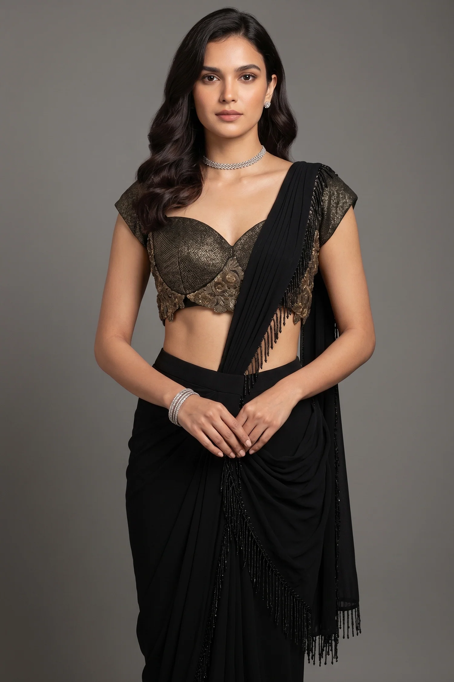 Black Georgette Readymade Saree with Statement Embellished Blouse - Image 2