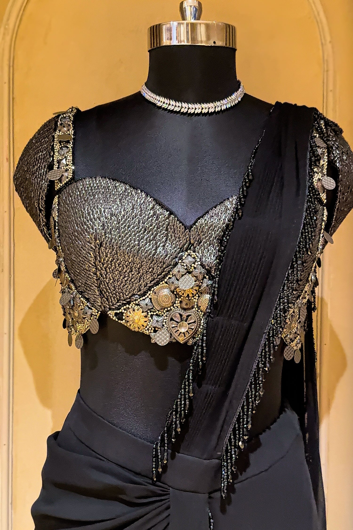 Black Georgette Readymade Saree with Statement Embellished Blouse - Image 4