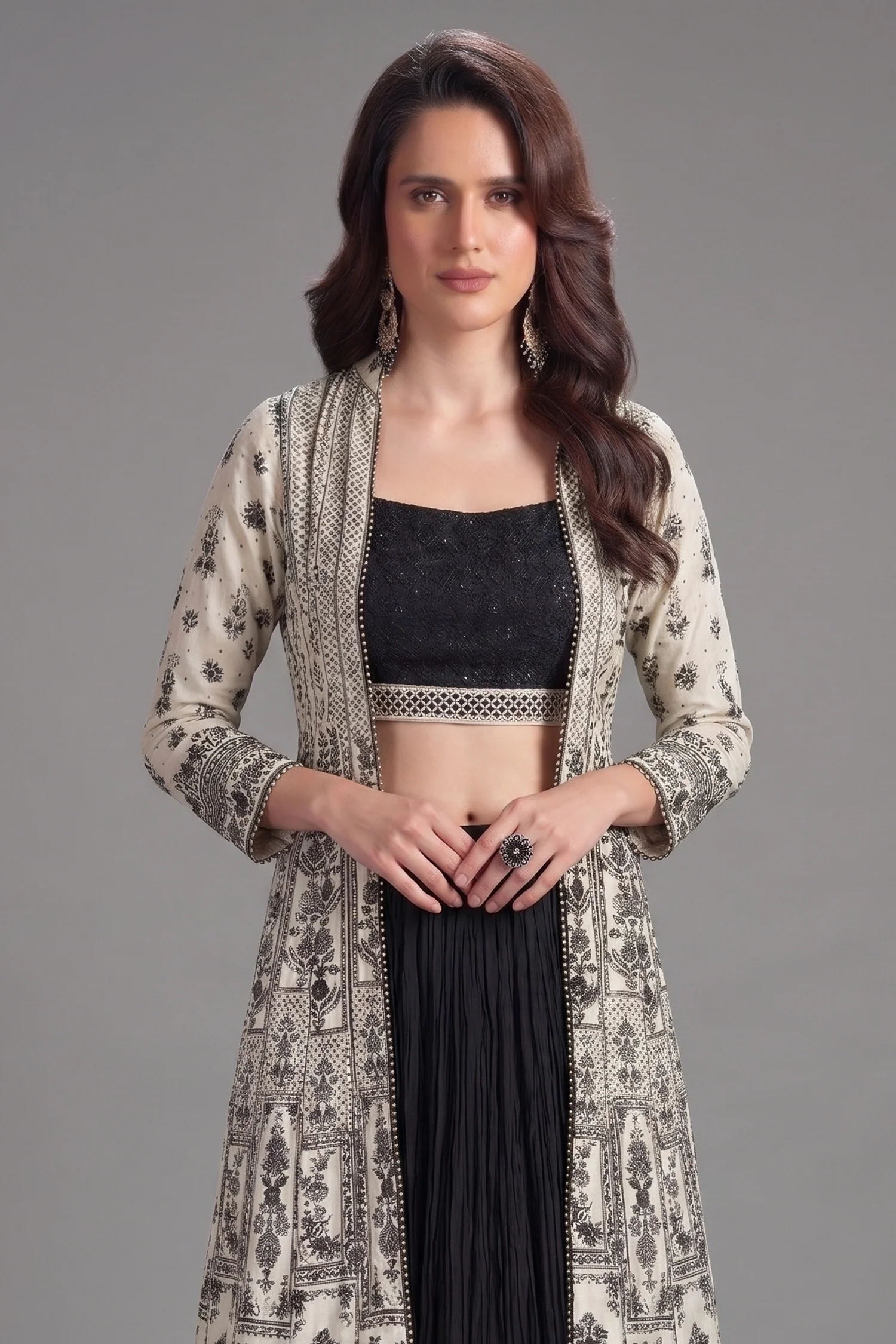 Black Georgette Sequin Beaded Crop Top Lehenga with Jacket - Image 2