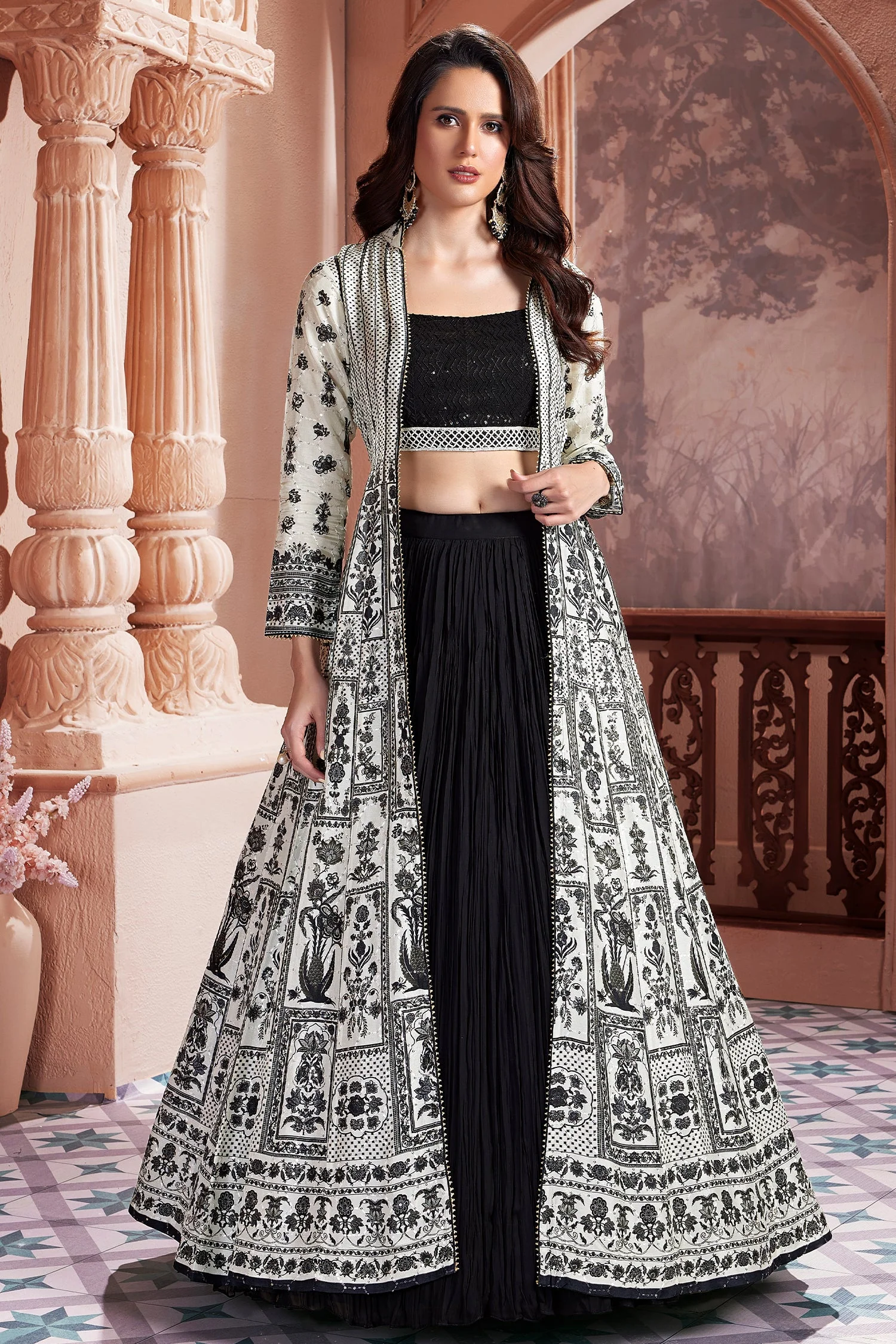 Black Georgette Sequin Beaded Crop Top Lehenga with Jacket - Image 3