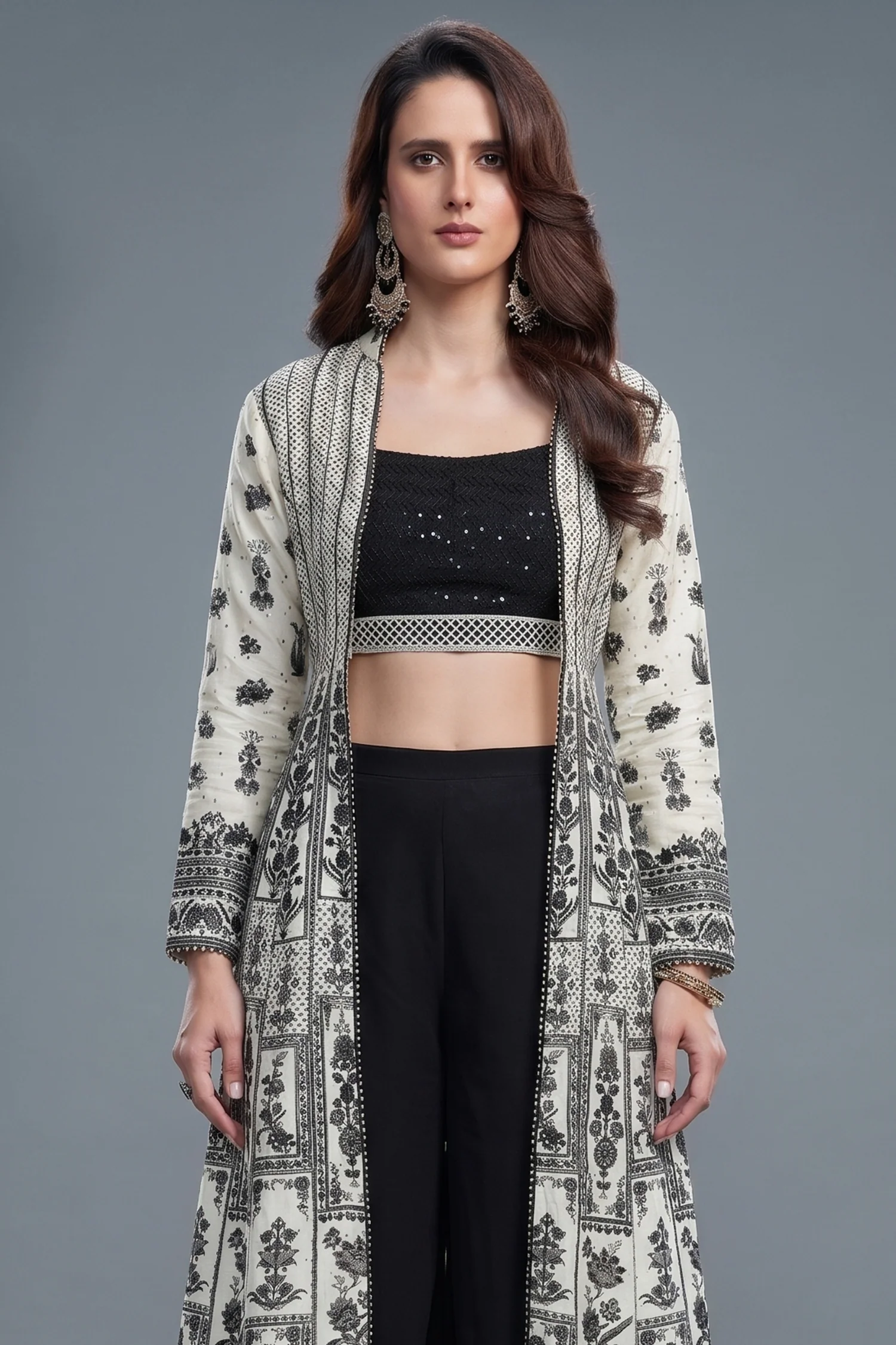 Black Georgette Sequin Beaded Crop Top Palazzo Set with Printed Jacket - Image 2