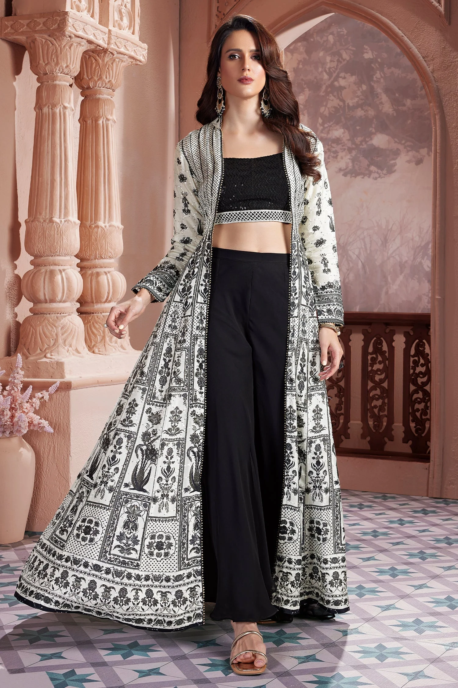 Black Georgette Sequin Beaded Crop Top Palazzo Set with Printed Jacket - Image 3