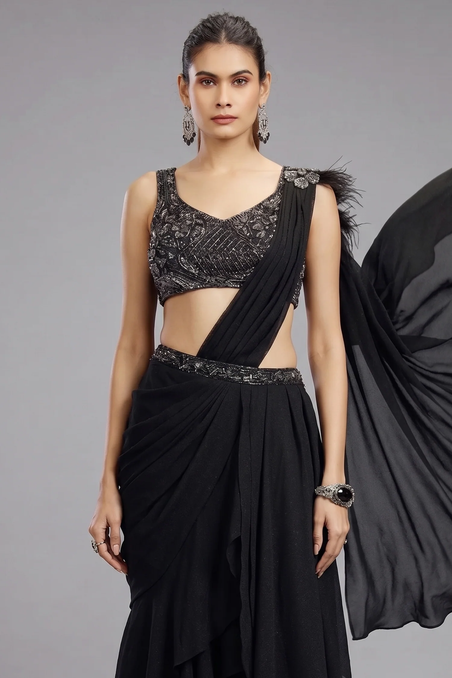 Black Georgette Shimmer Ready to Wear Saree - Image 2